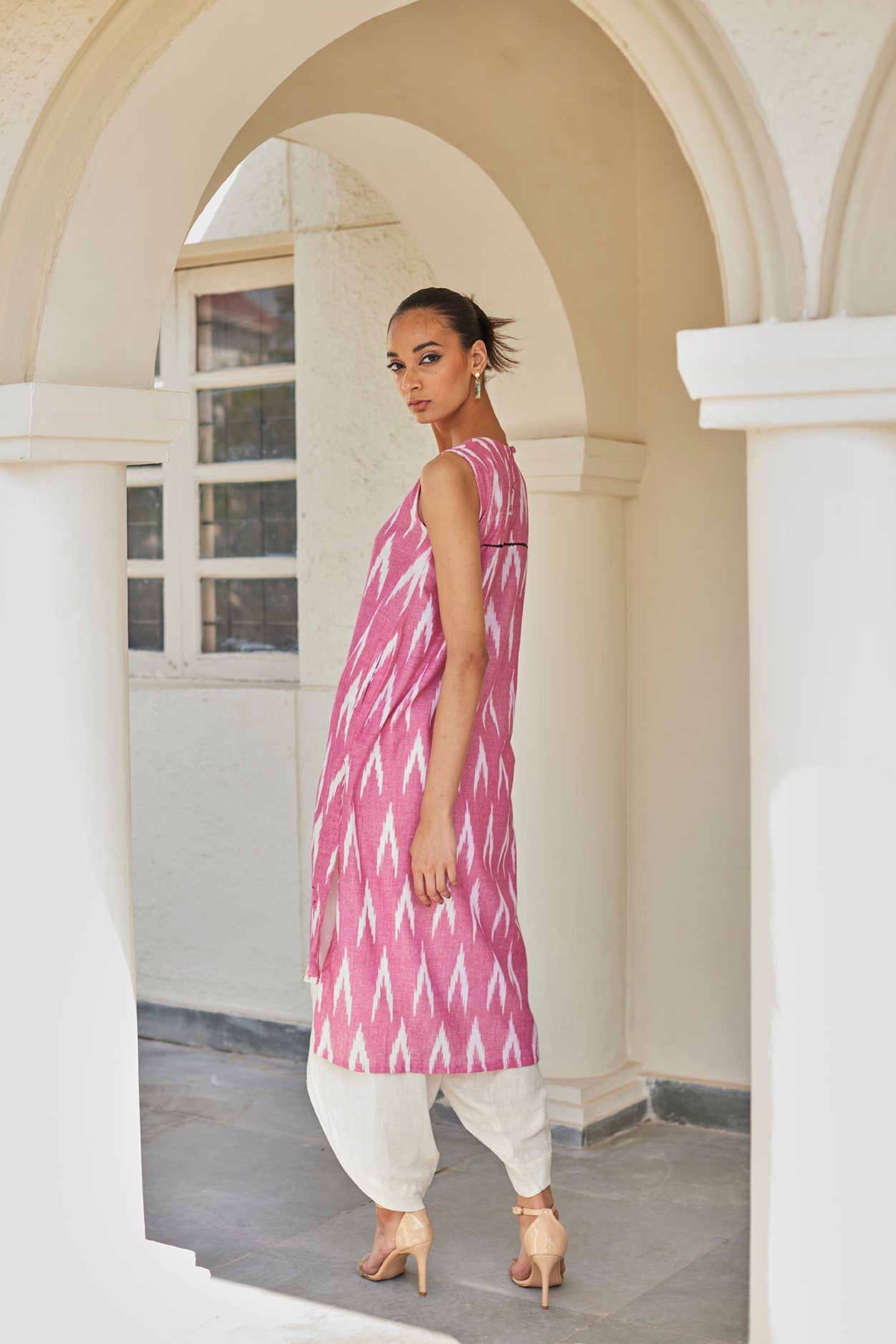 Pink Ikat Cotton Kurta & Dhoti Set