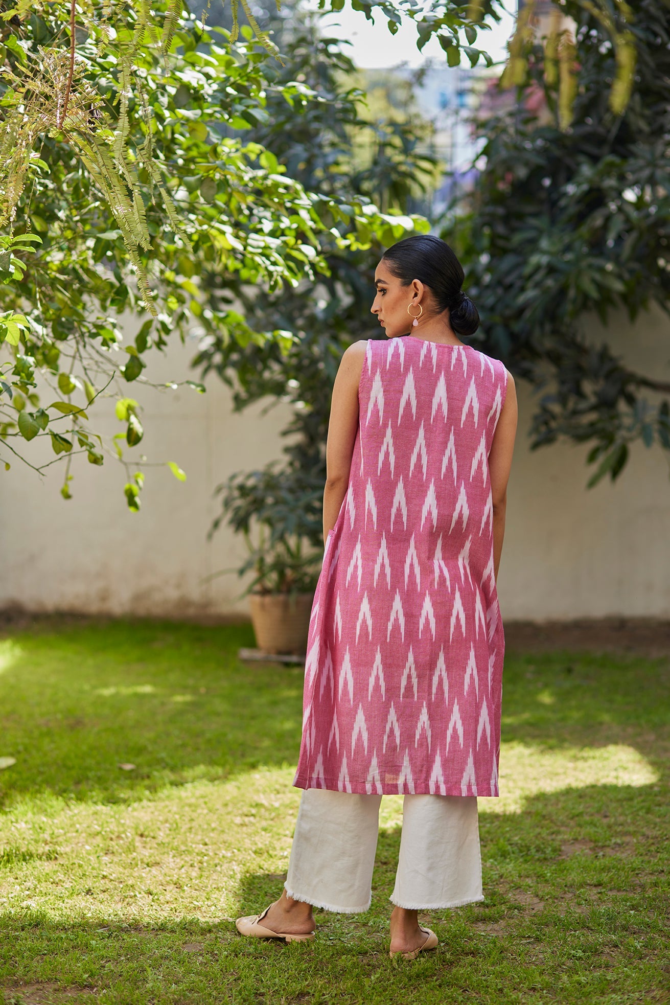 Handwoven Ikat Pink Kurta with Straight white pants