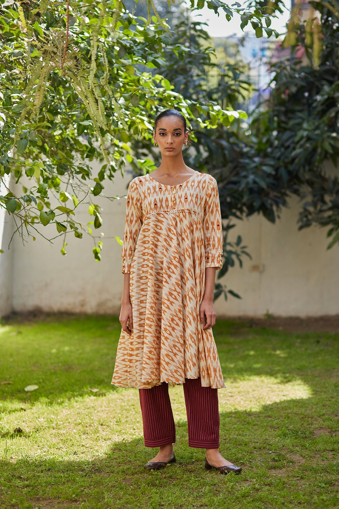 Mustard Ikat Kurta with Recycled handloom Red Stripe Pants