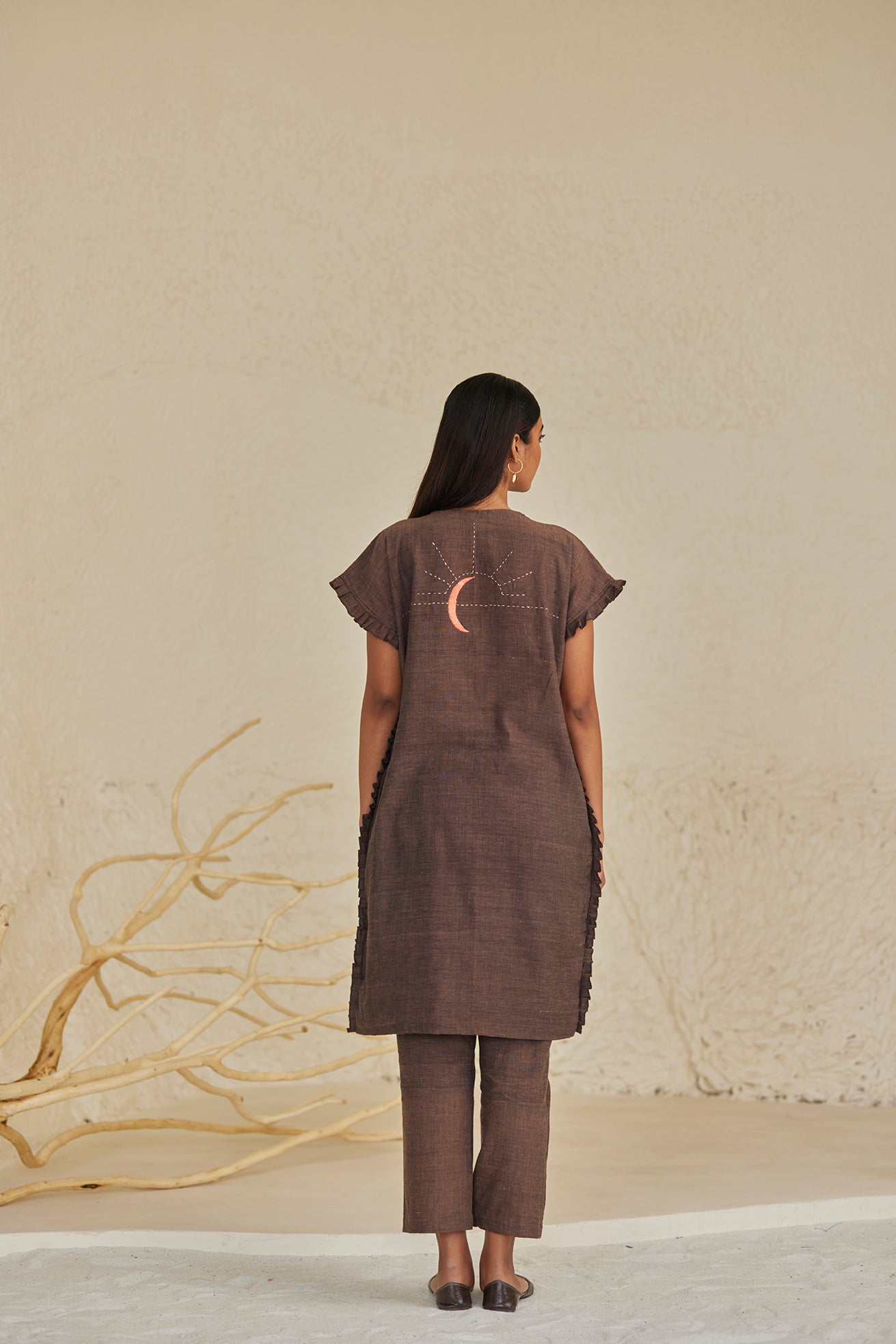 Brown Cotton Ruffles Detailed Kaftan with Pants
