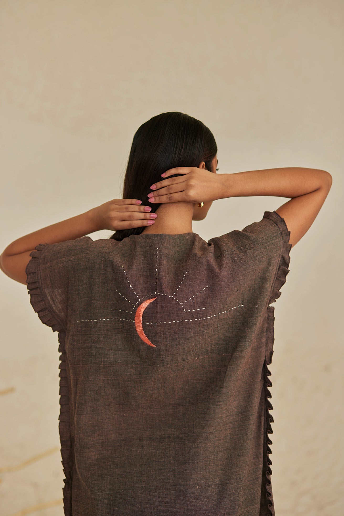 Brown Cotton Ruffles Detailed Kaftan with Pants