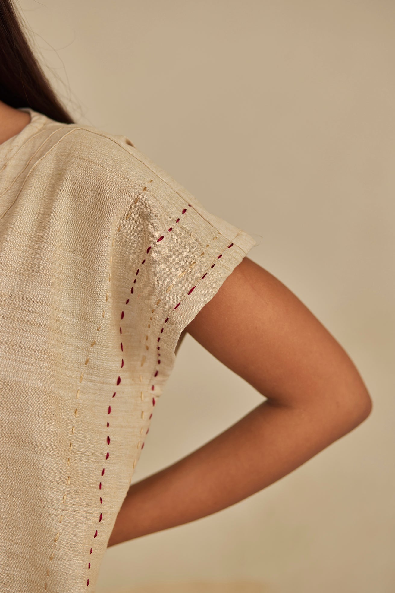 Beige Phulkari Kurta with Red Stripe Pants
