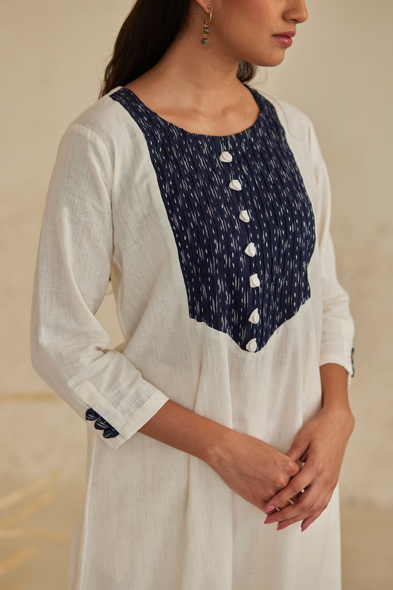 White Cotton Straight Kurta with Ikat Panel Set