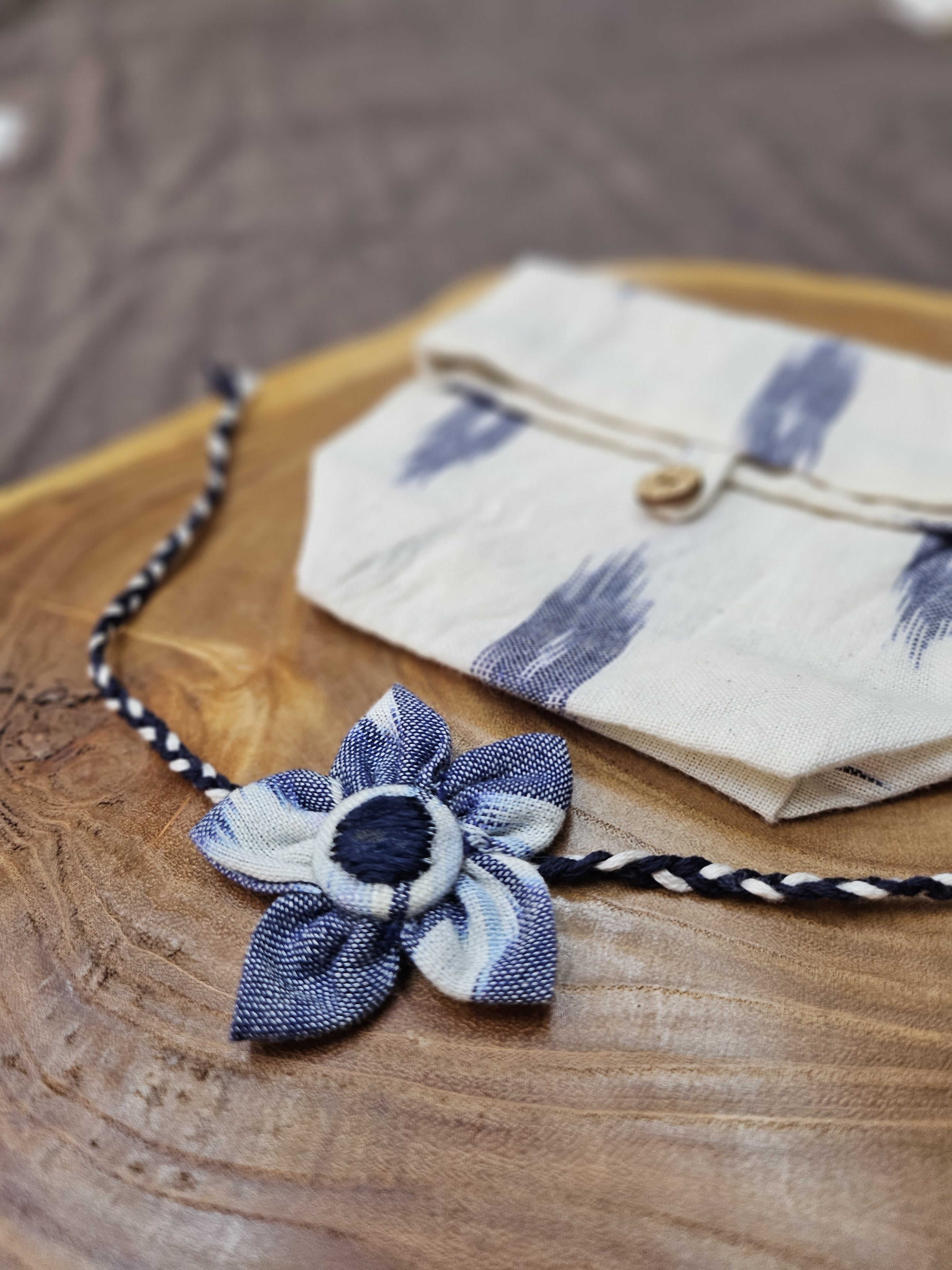 Blue Phulkari Flower Rakhi & Upcycled Ikat Pouch (Set of 2)
