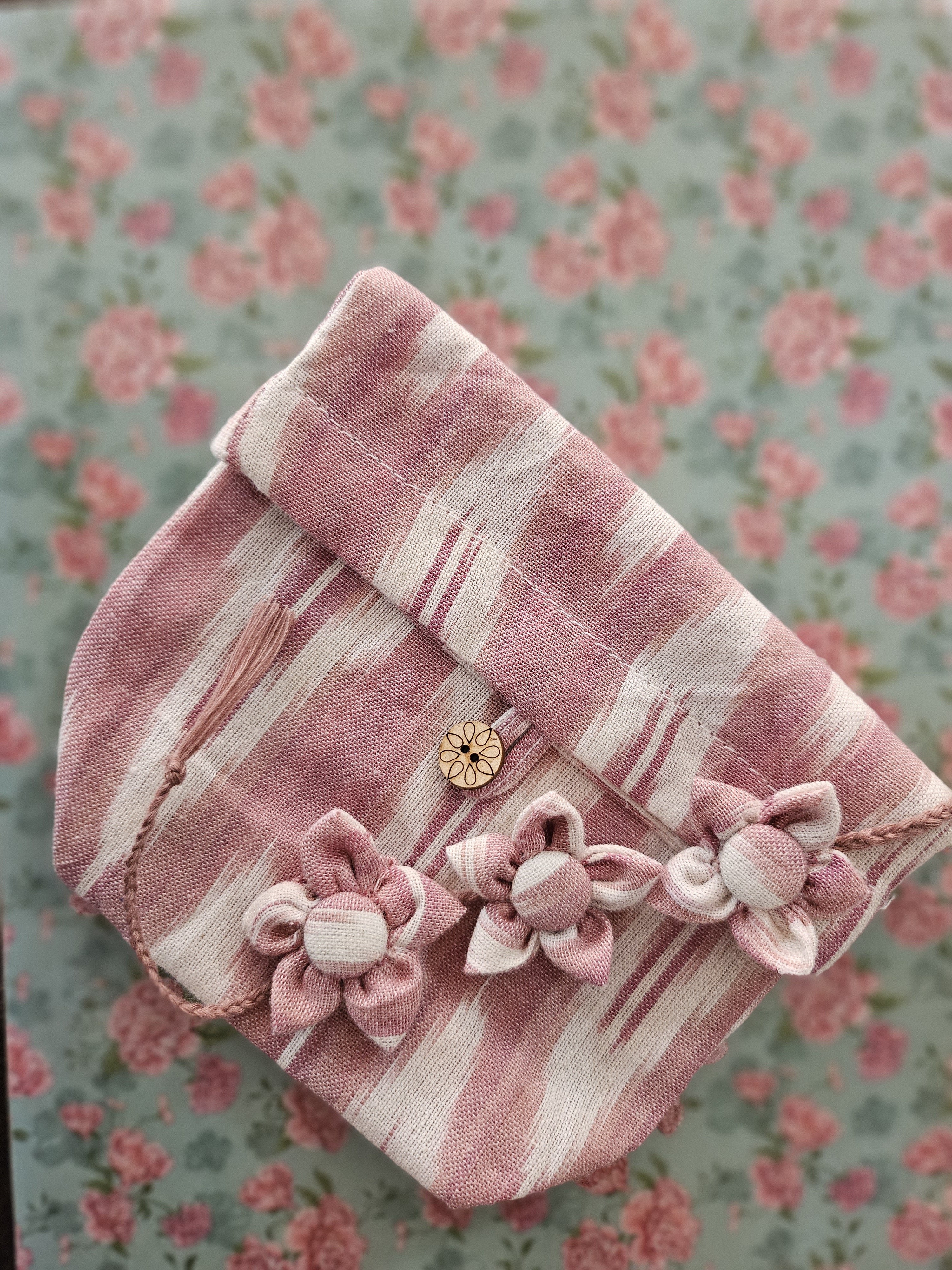 Upcycled Pink Fabric Flower Rakhi & Ikat Pouch (Set of 2)