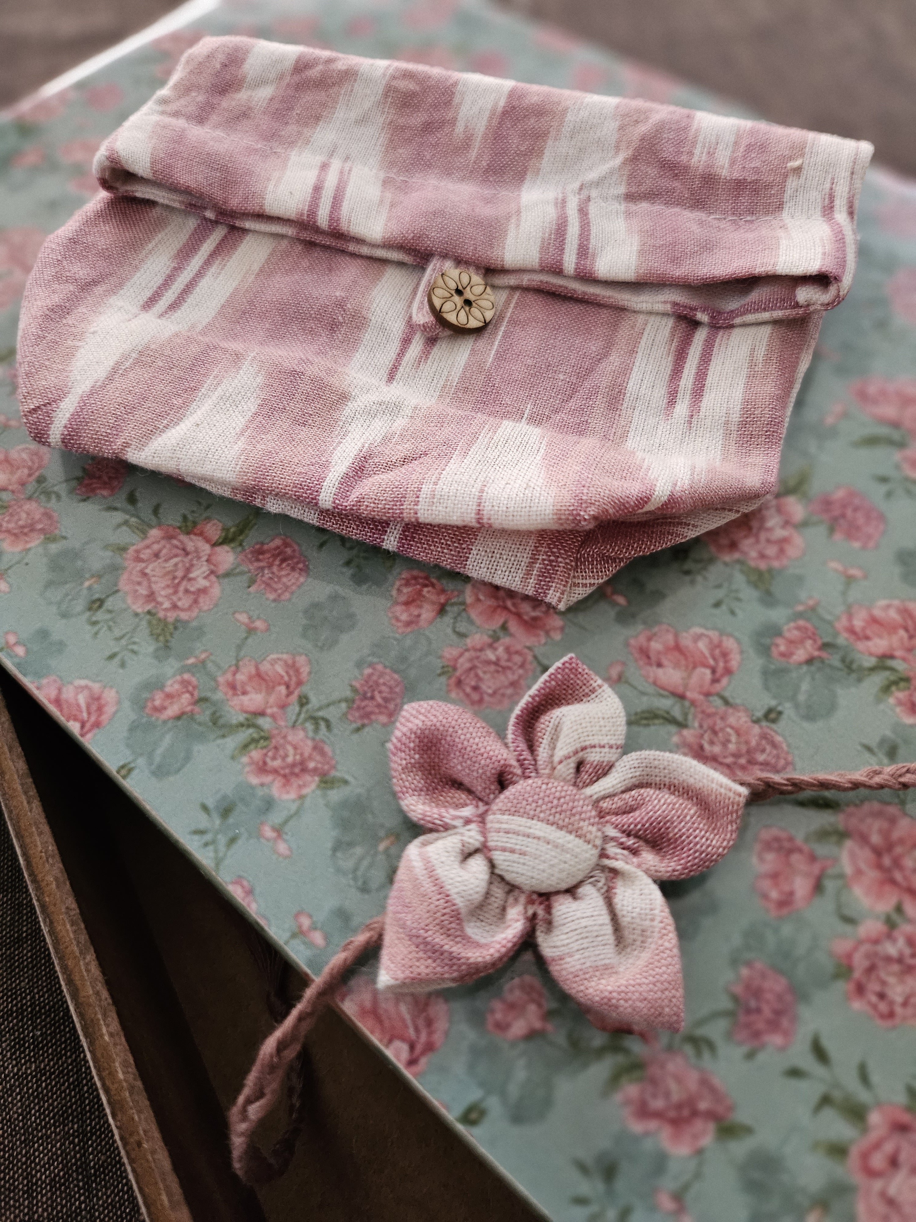 Pink flower Rakhi & Upcycled Ikat Pouch (Set of 2)