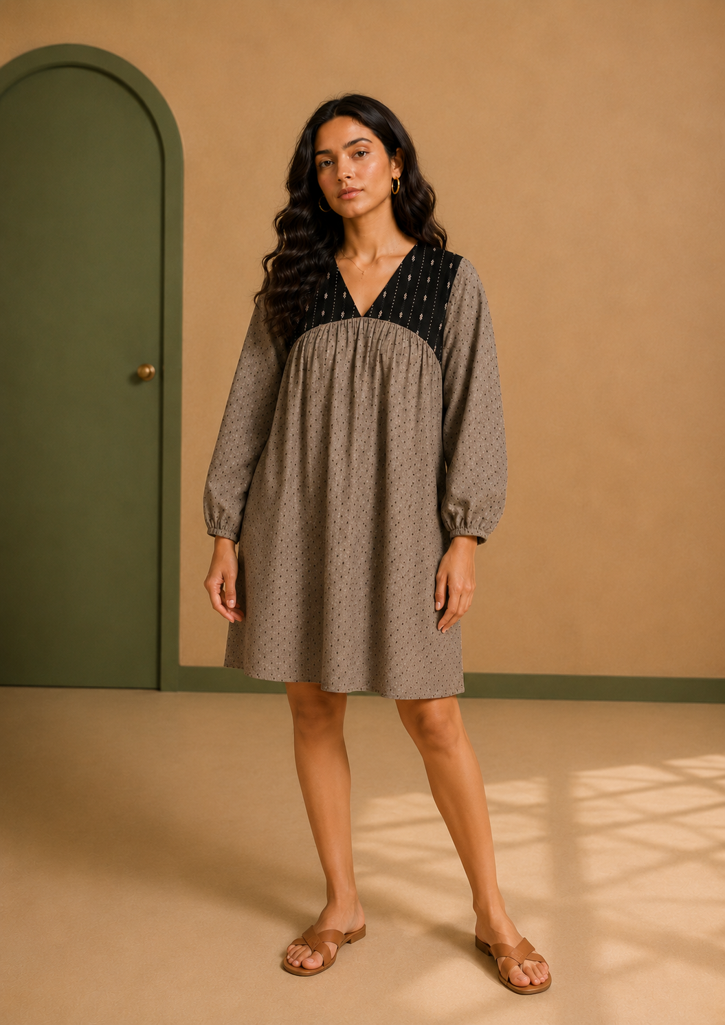 Grey Cotton Dobby Dress with Contrast Yoke