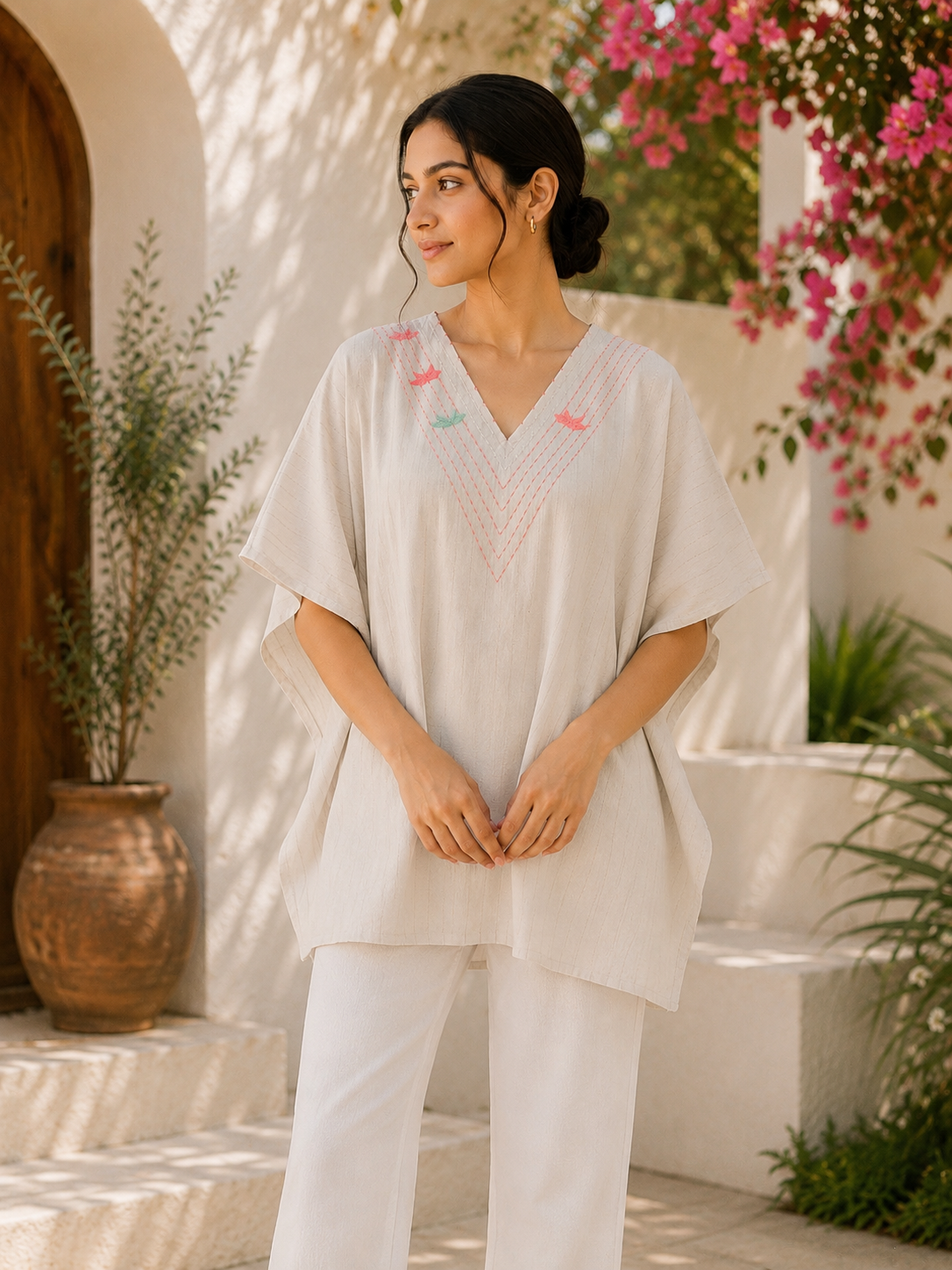 White 100% Cotton Khaddar Kaftan with Hand-Embroidered Phulkari
