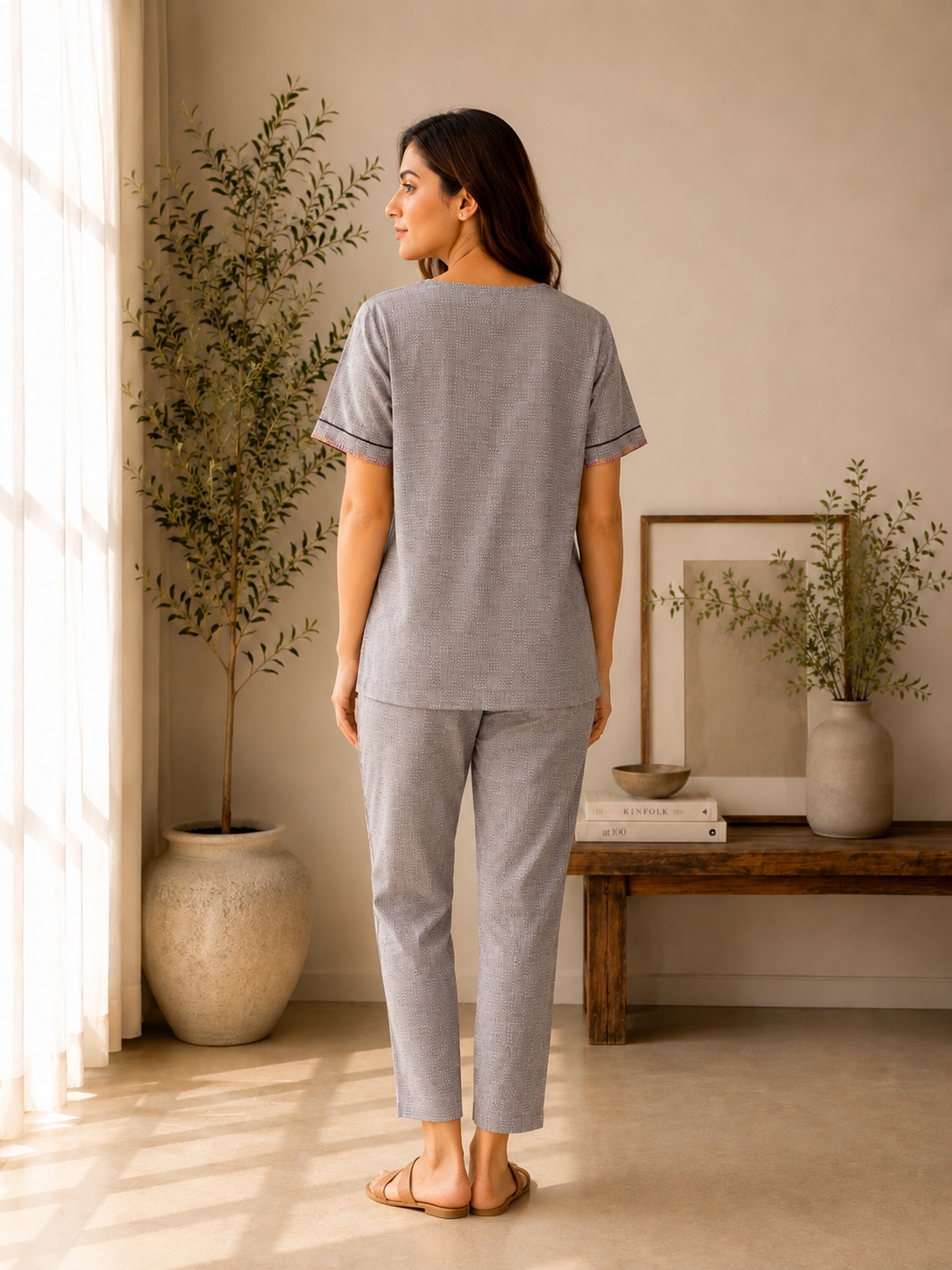 Grey Cotton Dobby Co-Ord Set with Hand-Embroidered Phulkari Pocket