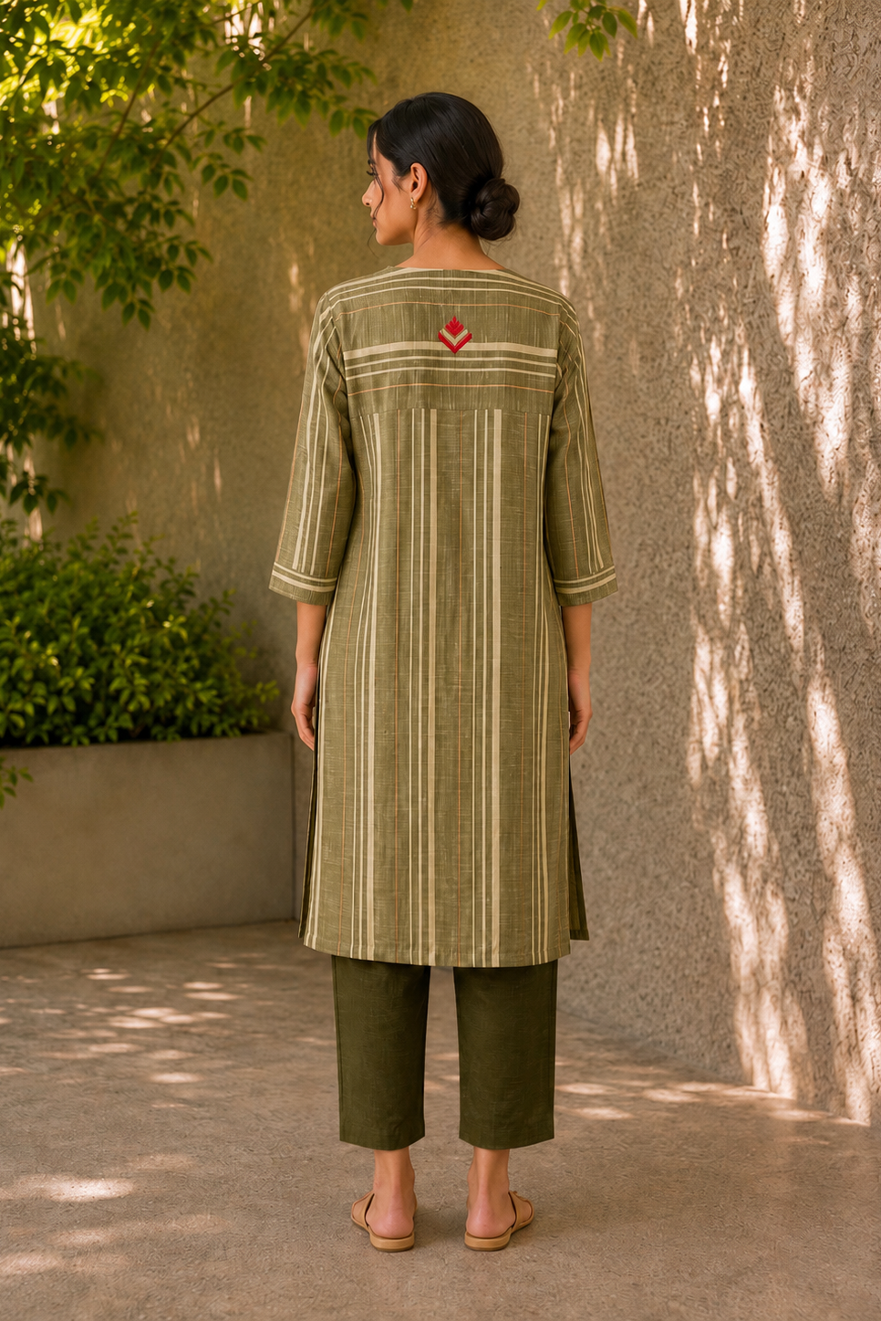 Olive Green Khaddar Cotton Kurta Set with Phulkari Motif