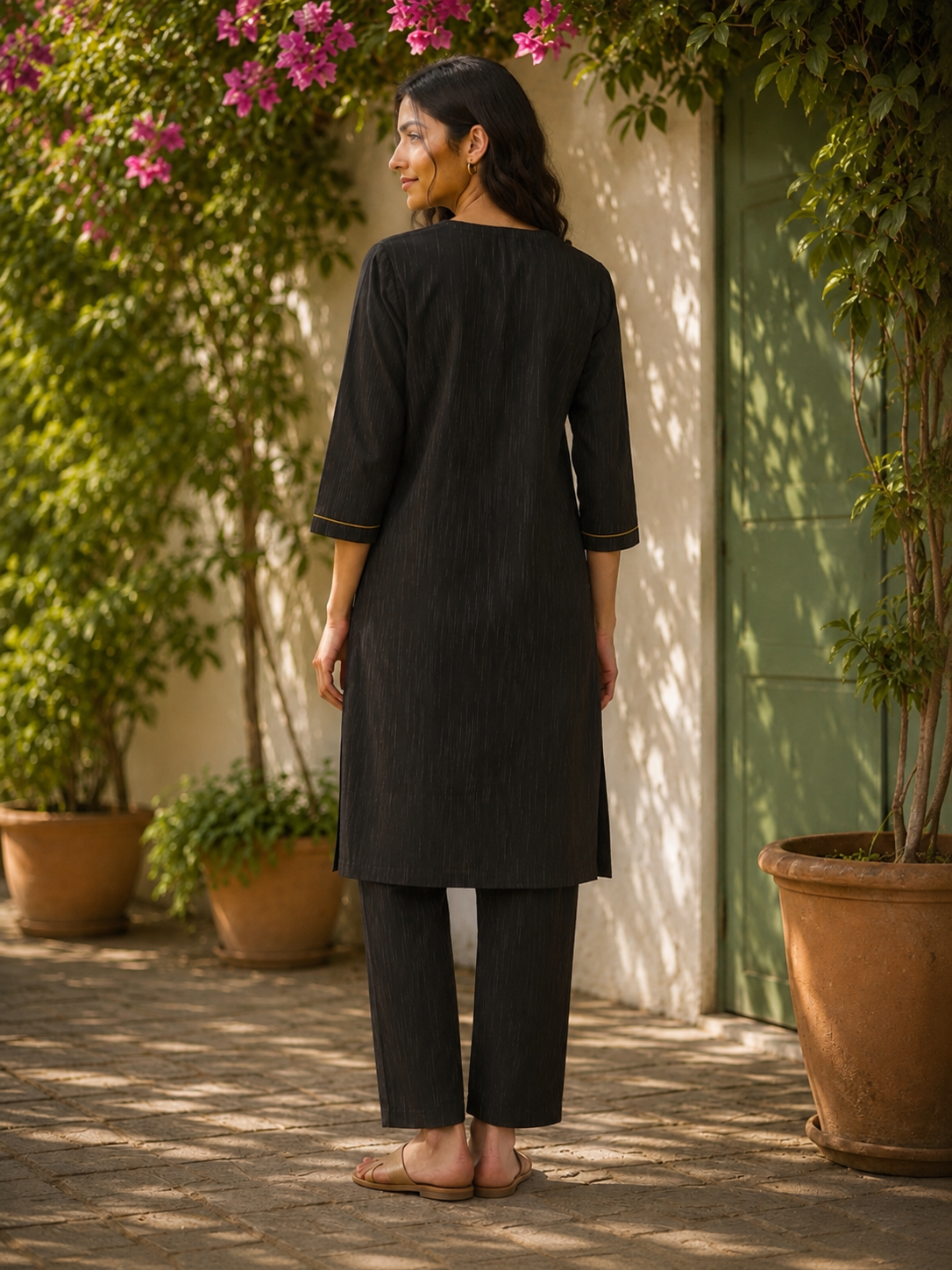 Hand-Embroidered Phulkari Cotton Kurta with Contrast Piping - Black