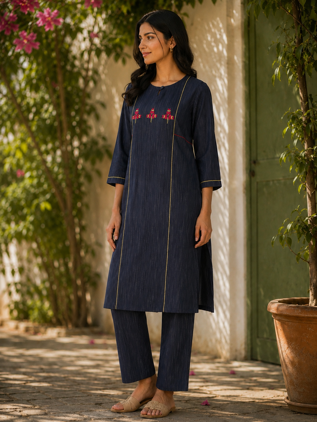 Hand-Embroidered Phulkari Cotton Kurta with Contrast Piping - Navy Blue