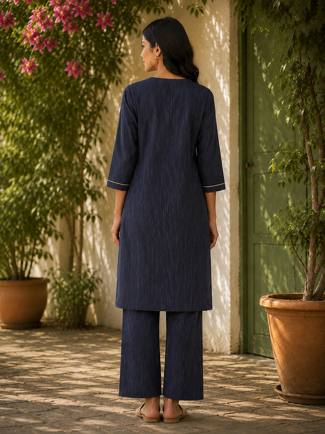 Hand-Embroidered Phulkari Cotton Kurta with Contrast Piping - Navy Blue