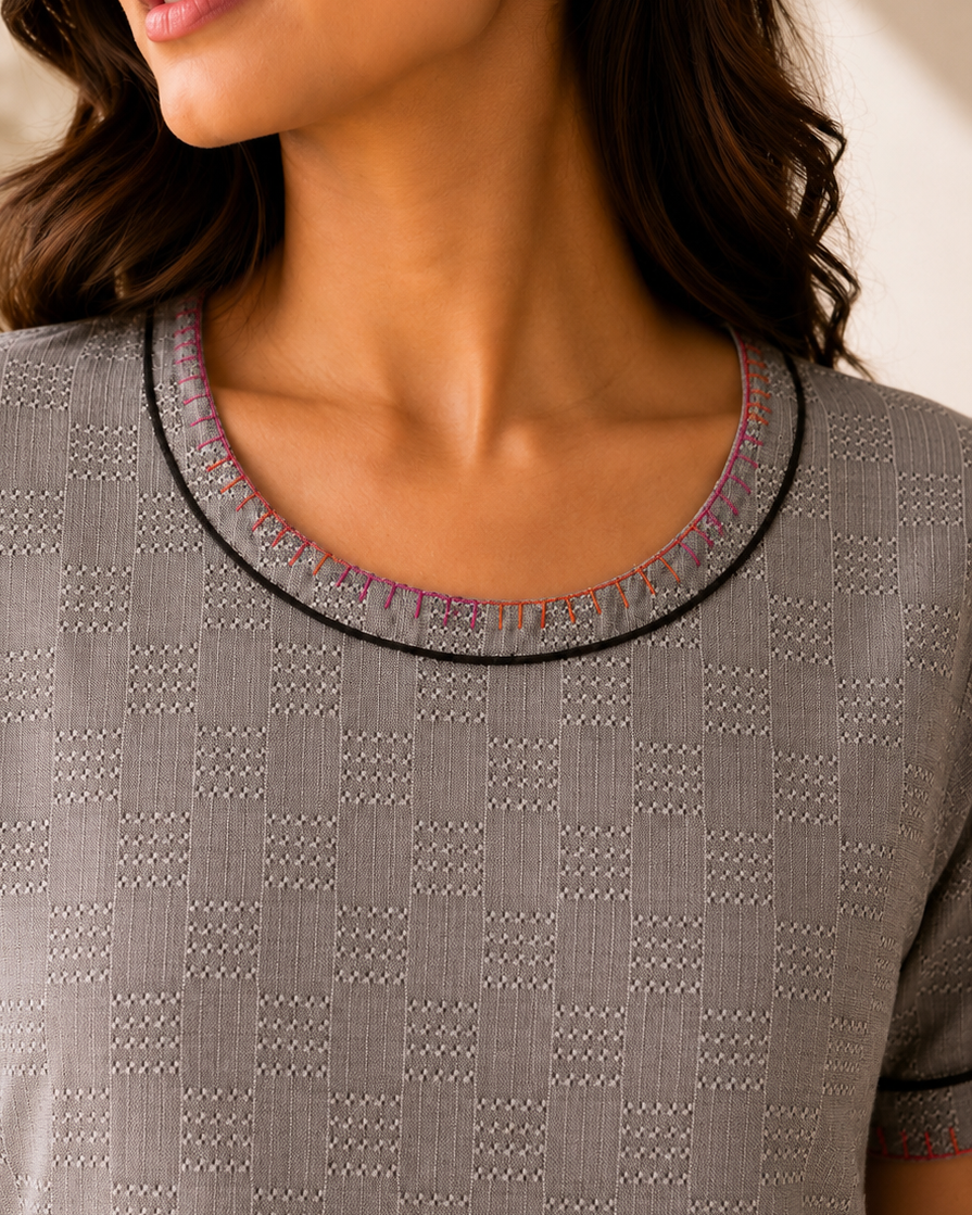 Grey Cotton Dobby Co-Ord Set with Hand-Embroidered Phulkari Pocket