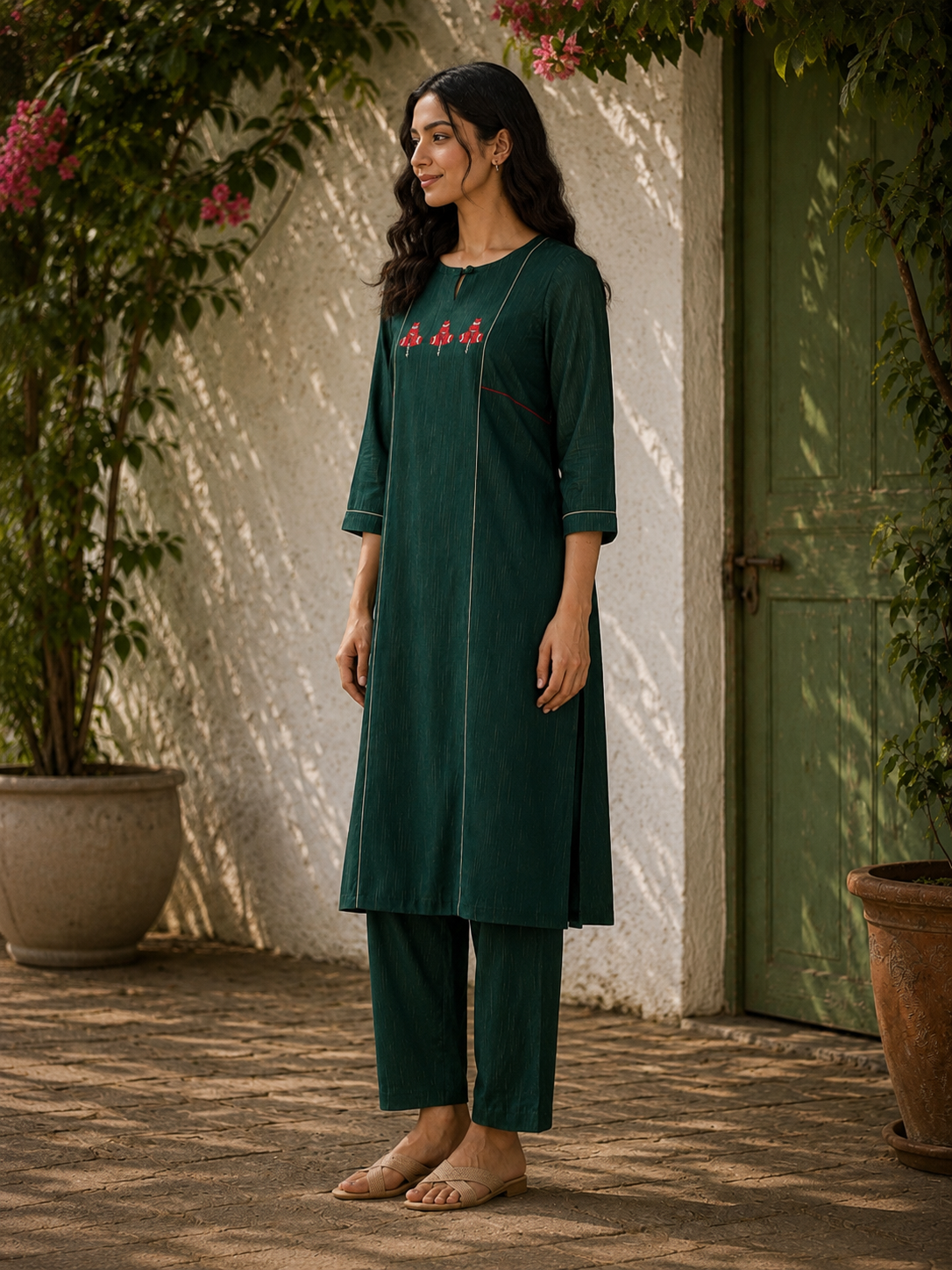 Hand-Embroidered Phulkari Cotton Kurta with Contrast Piping - Green