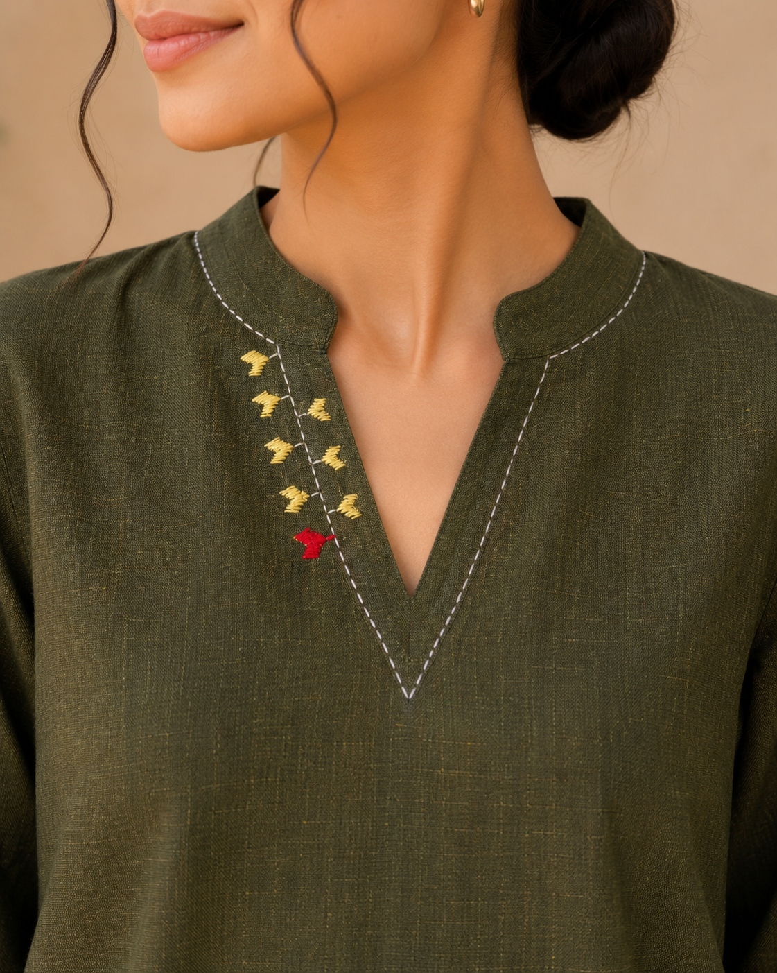 Hand-Embroidered Phulkari Motif Khaddar Co-Ord Set – Olive Green