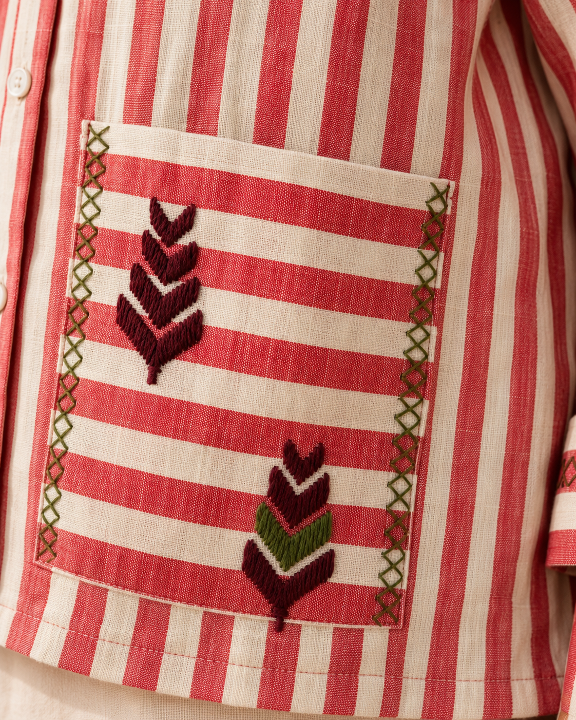 Pink Striped Cotton Khaddar Shirt with Hand-Embroidered Phulkari Pocket