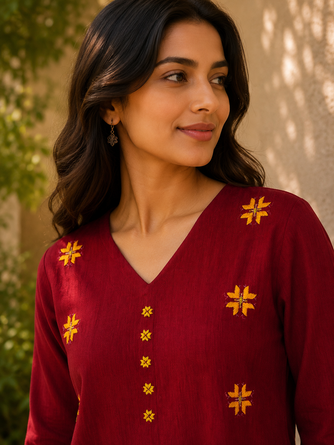 Classic Red Cotton Kurta with Hand-Embroidered Yellow Phulkari Motifs