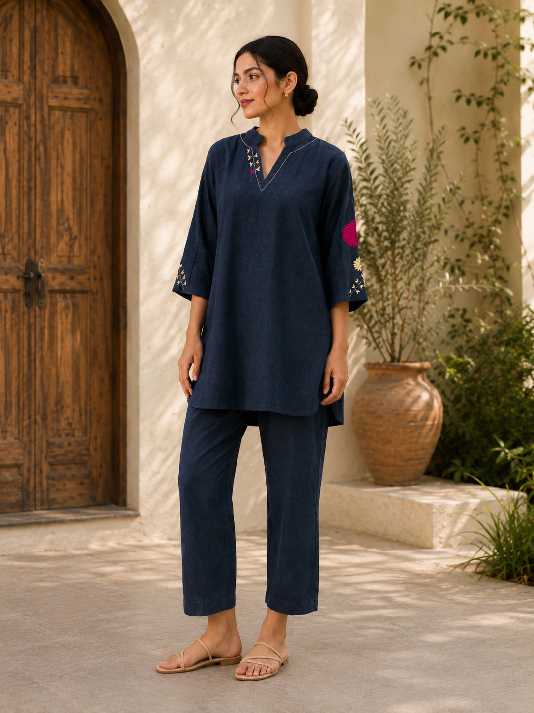 Hand-Embroidered Phulkari Motif Khaddar Co-Ord Set – Indigo