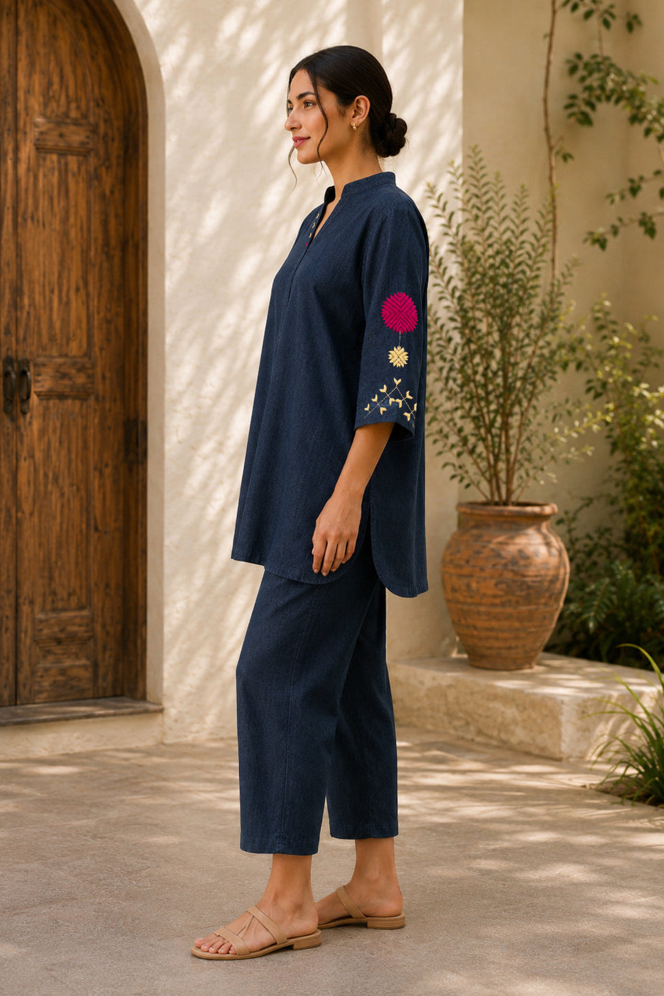 Hand-Embroidered Phulkari Motif Khaddar Co-Ord Set – Indigo