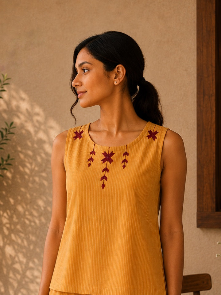 Yellow Stripe Khaddar Cotton Co-ord Set with Phulkari Embroidery
