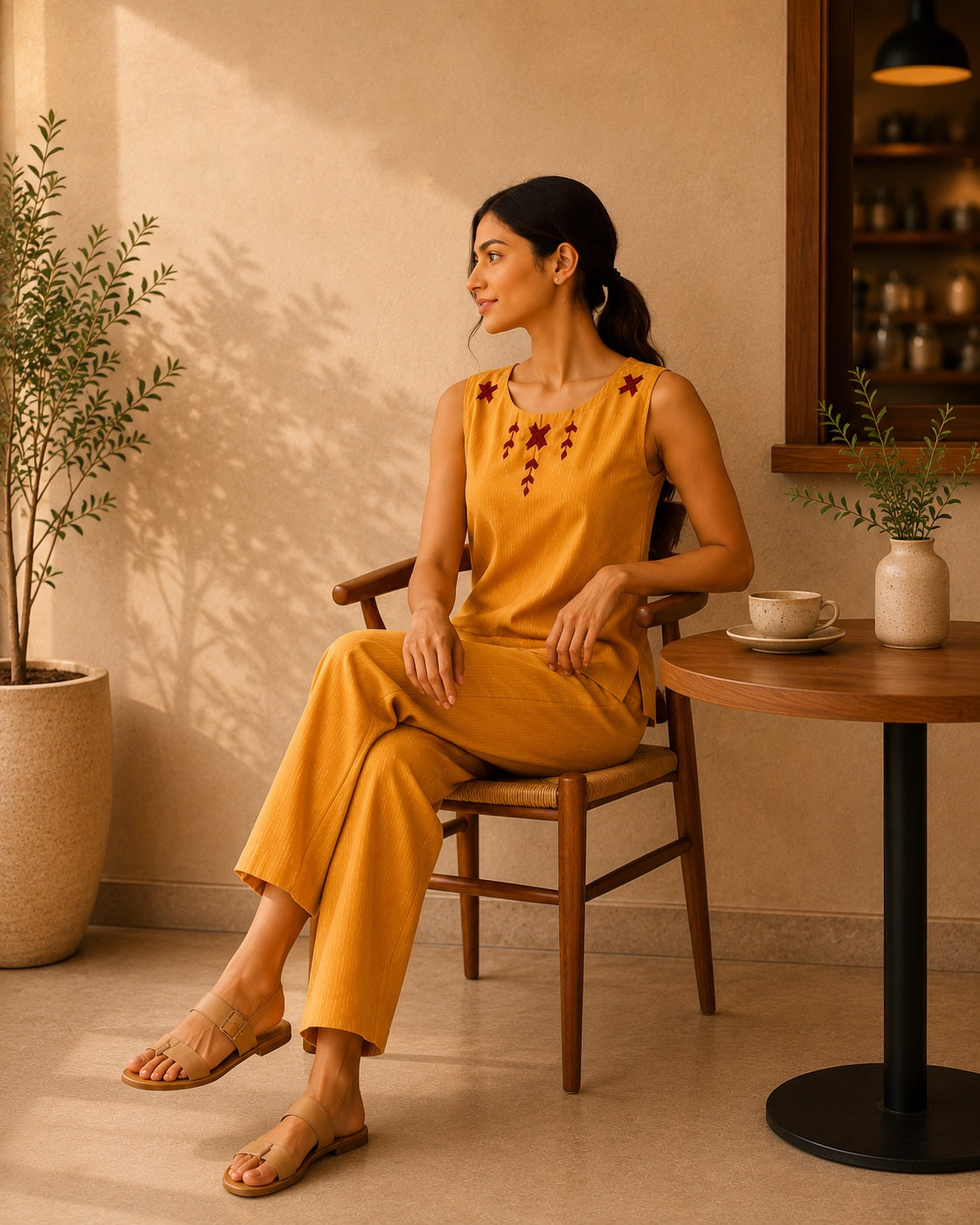 Yellow Stripe Khaddar Cotton Co-ord Set with Phulkari Embroidery