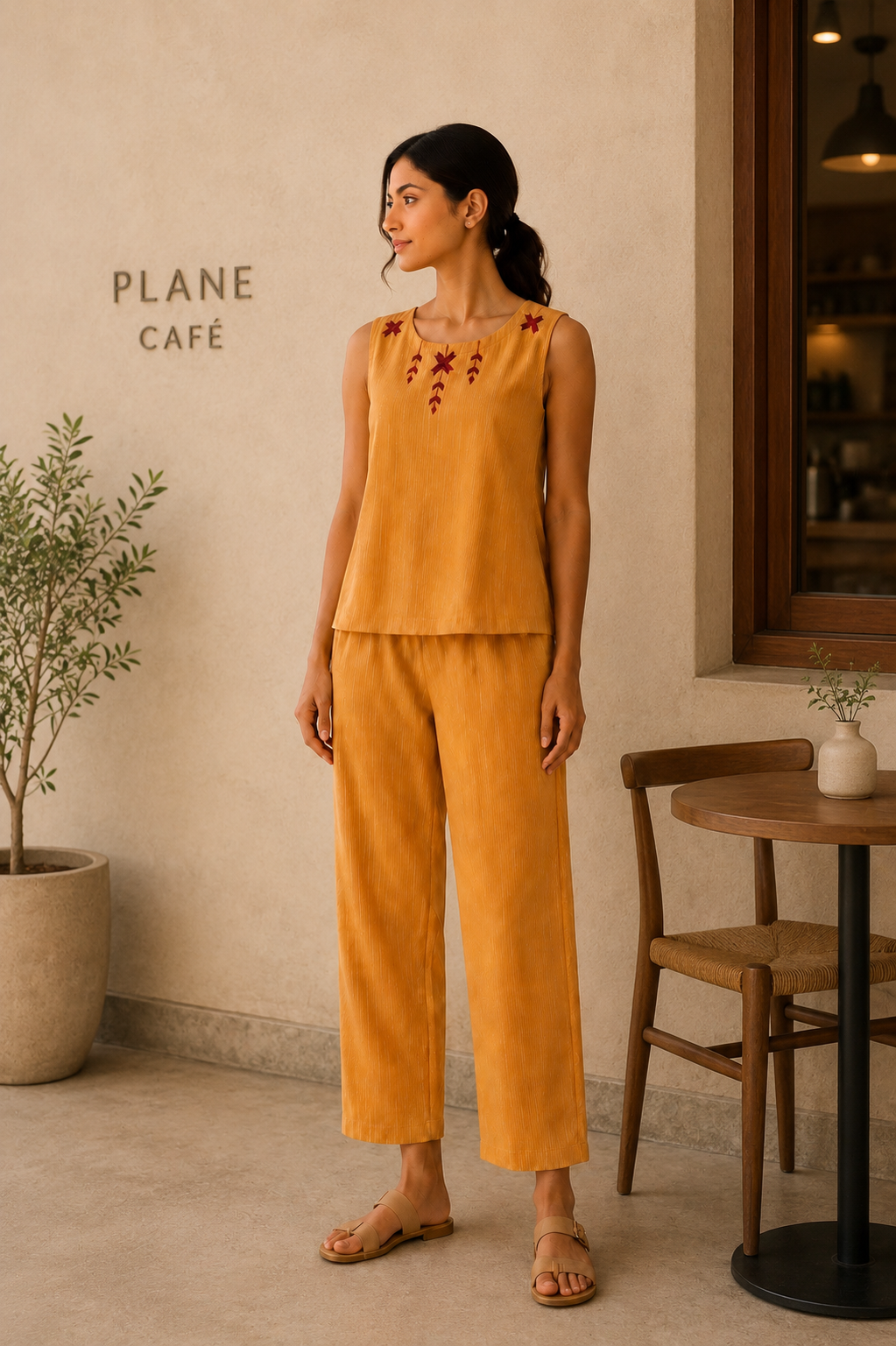 Yellow Stripe Khaddar Cotton Co-ord Set with Phulkari Embroidery