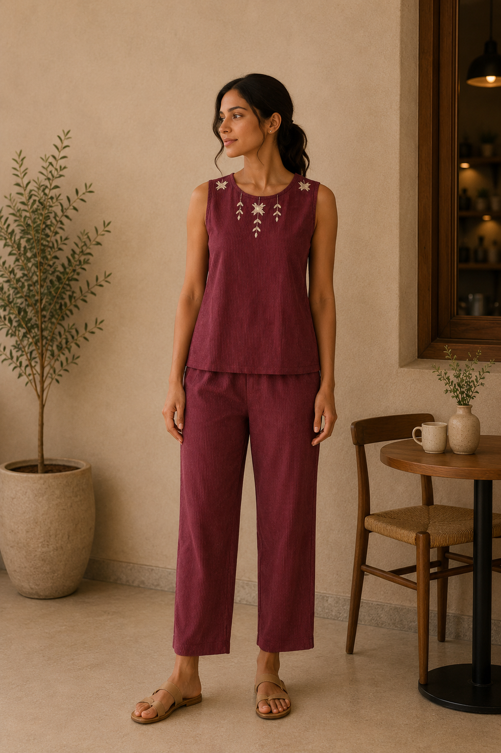 Red Stripe Khadi Cotton Co-ord Set with Phulkari Embroidery