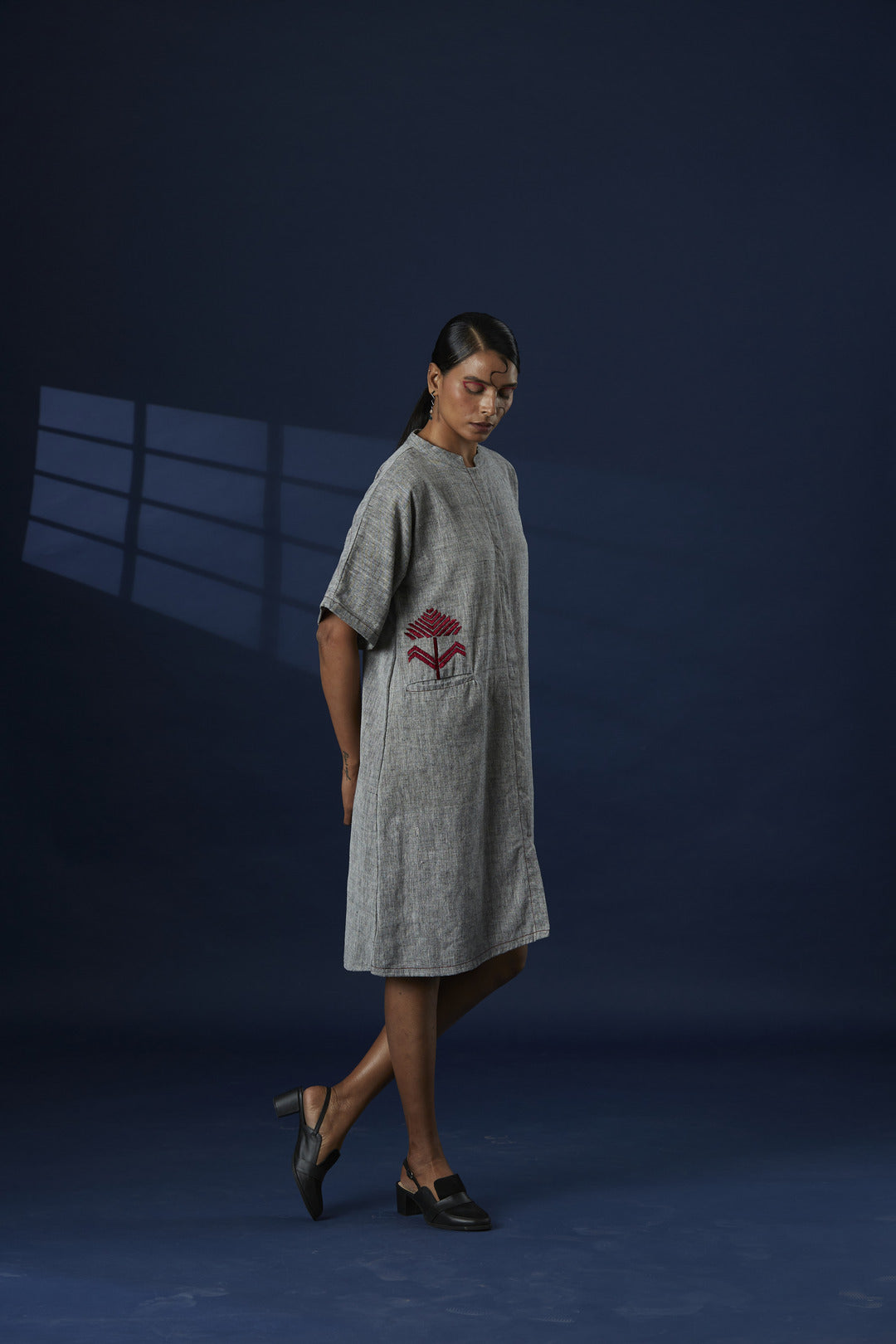 Hand-Embroidered khaddar Cotton Dress - Grey