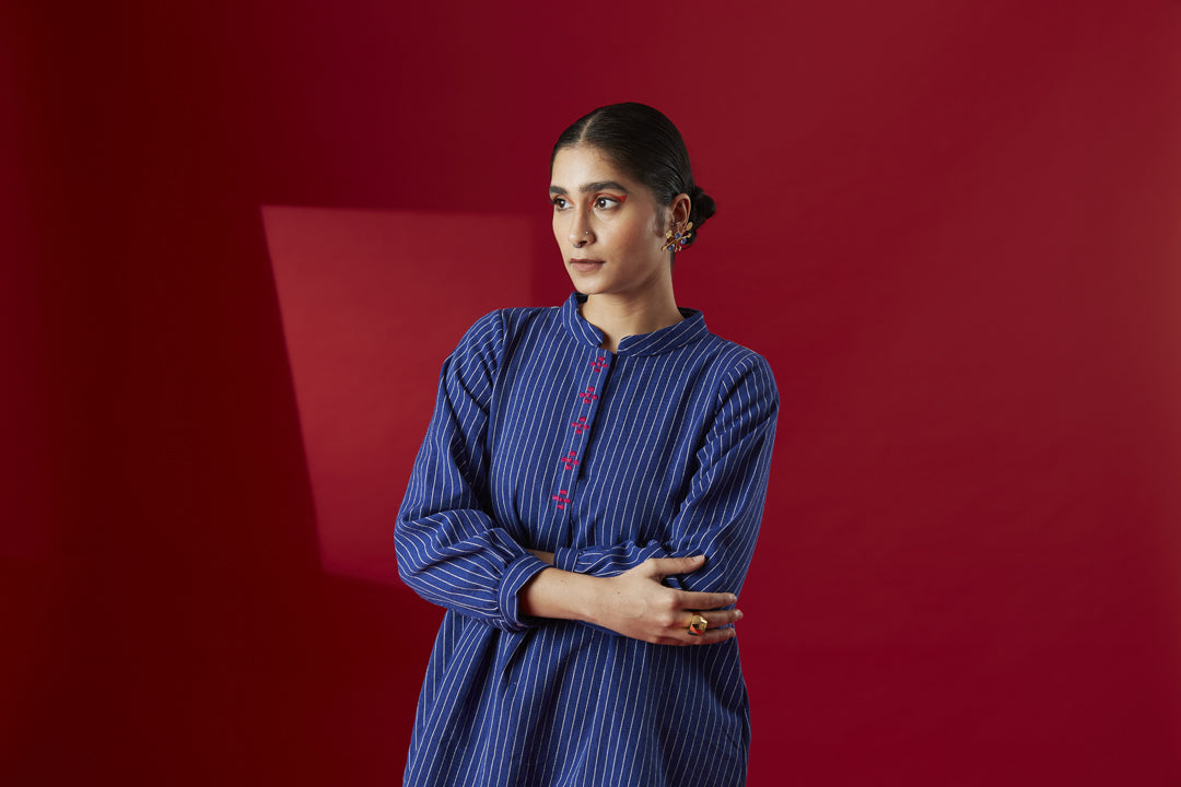 Hand- Embroidered Blue Stripe Co-ord Set