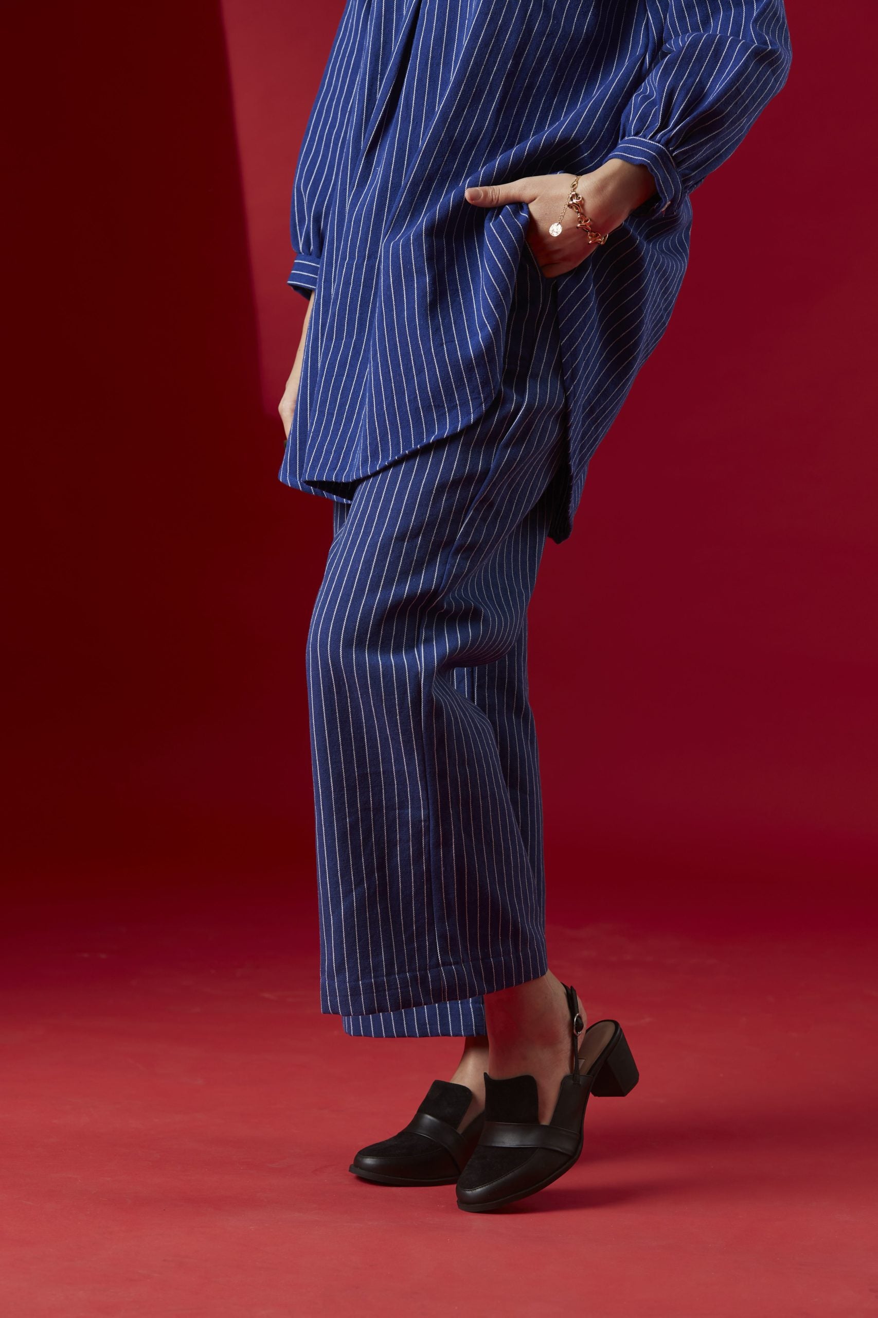 Hand- Embroidered Blue Stripe Kurta Top