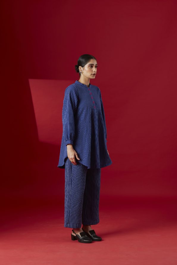 Hand- Embroidered Blue Stripe Kurta Top