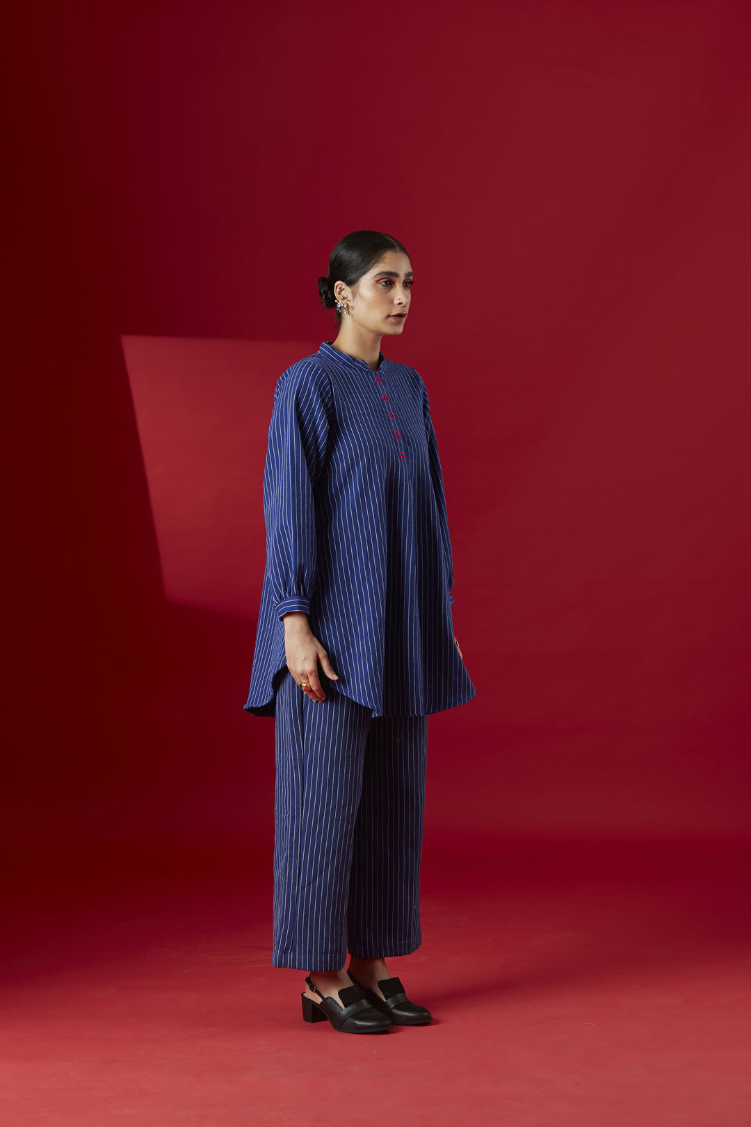 Hand- Embroidered Blue Stripe Co-ord Set