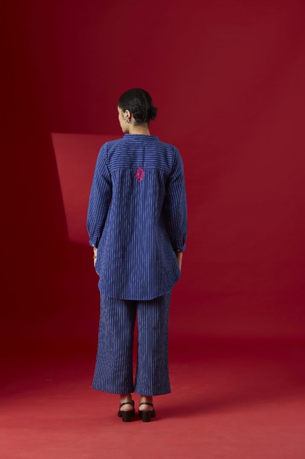 Hand- Embroidered Blue Stripe Kurta Top