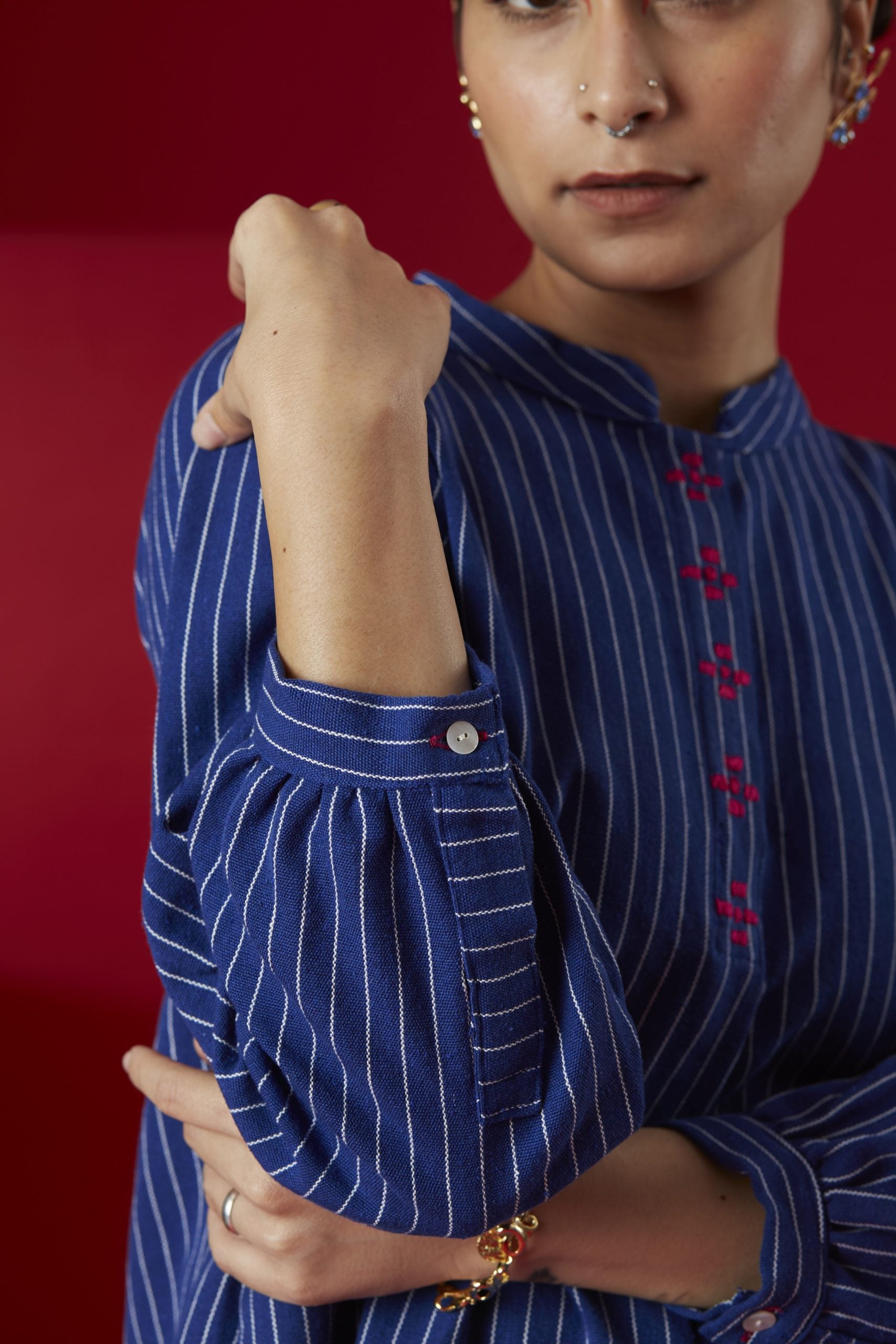 Hand- Embroidered Blue Stripe Kurta Top