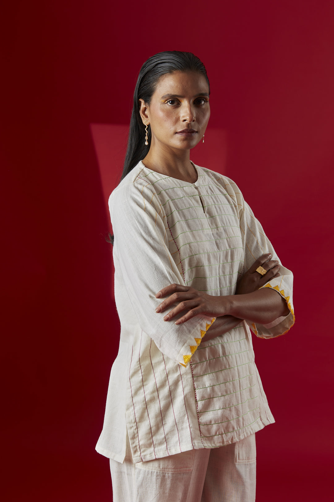 Trikon Multi-colored Phulkari Embroidery Top with Straight White Pants