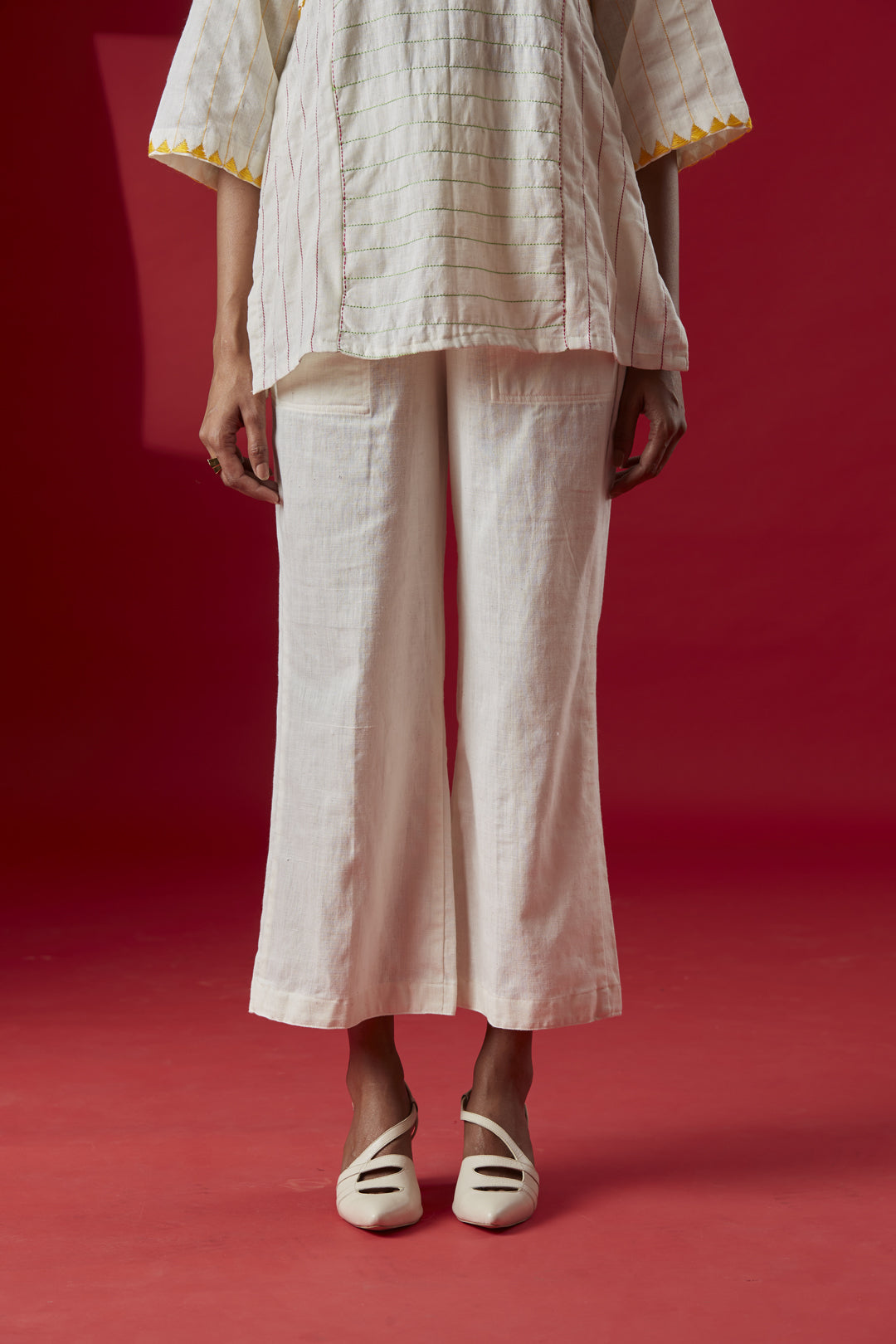 Trikon Multi-colored Phulkari Embroidery Top with Straight White Pants