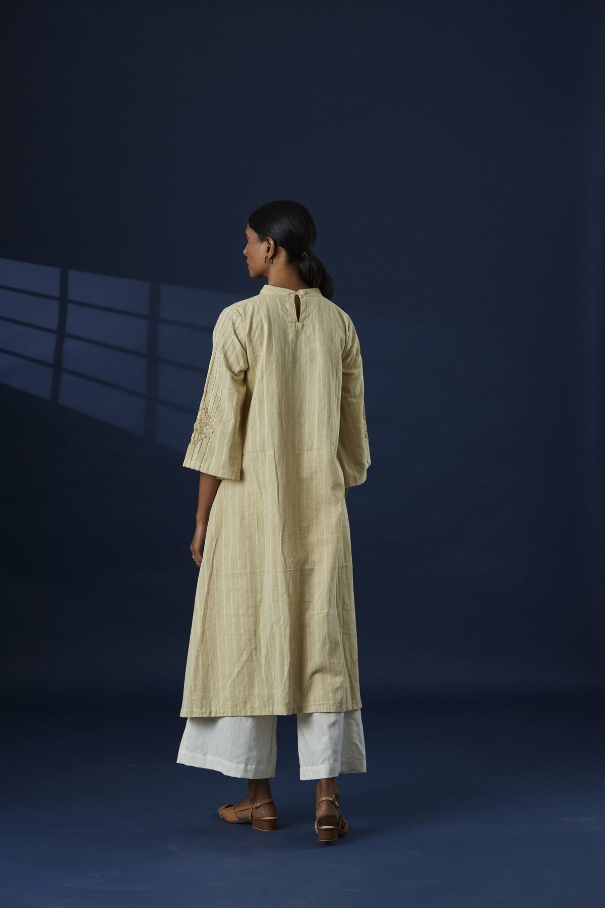 Broad Stripe Flared Cotton Kurta With Phulkari on Sleeve and White Culottes