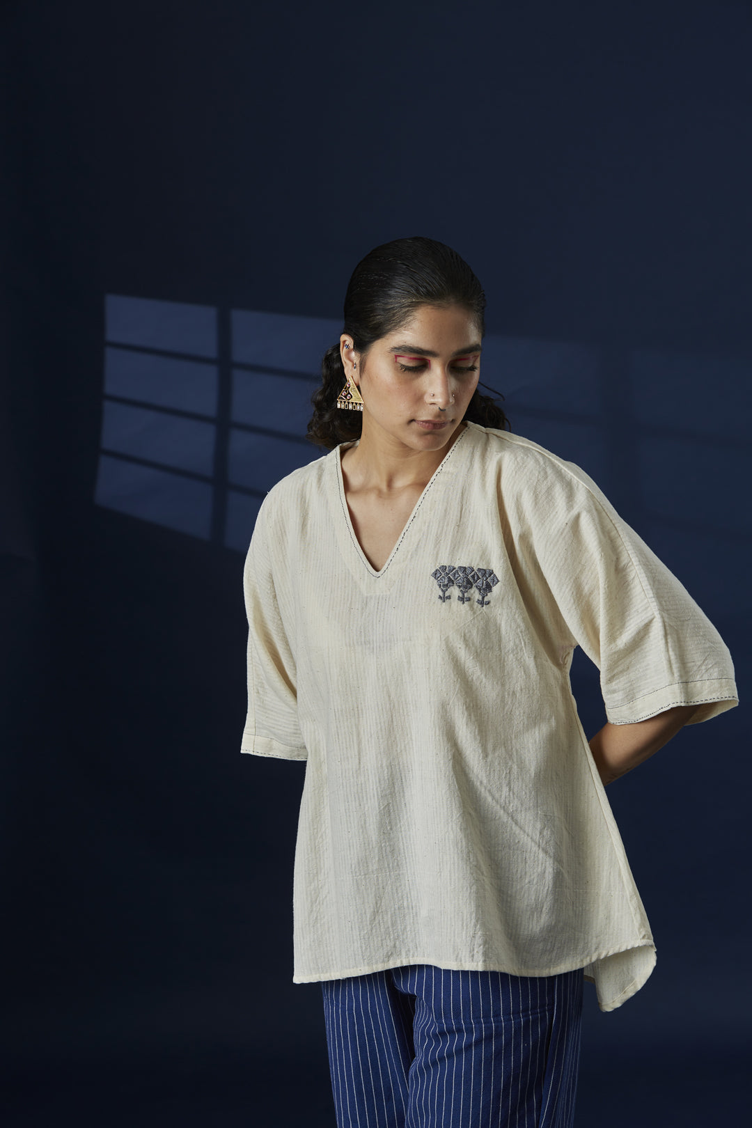 Hand-Embroidered Fluid Fit Cotton Kurta