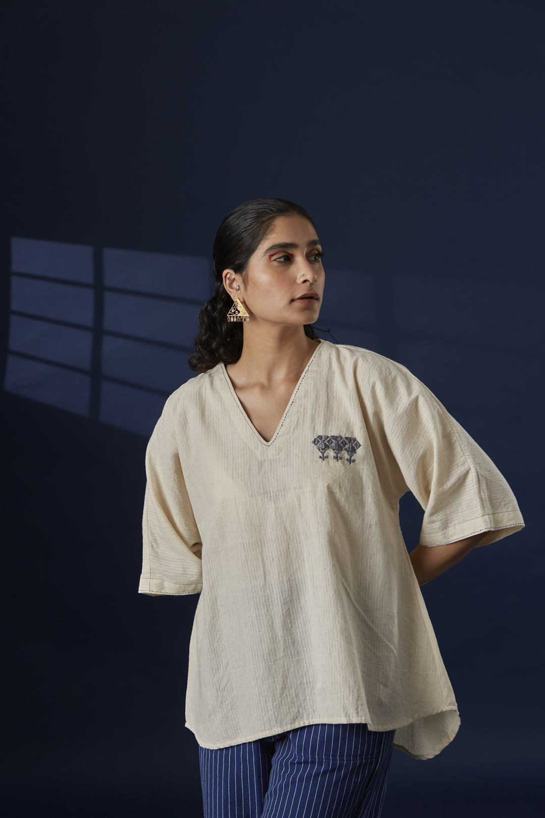 Hand-Embroidered Fluid Fit Cotton Kurta