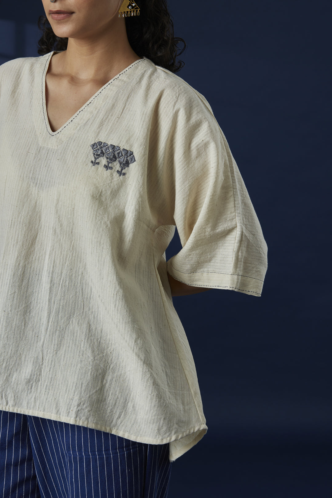 Hand-Embroidered Fluid Fit Cotton Kurta
