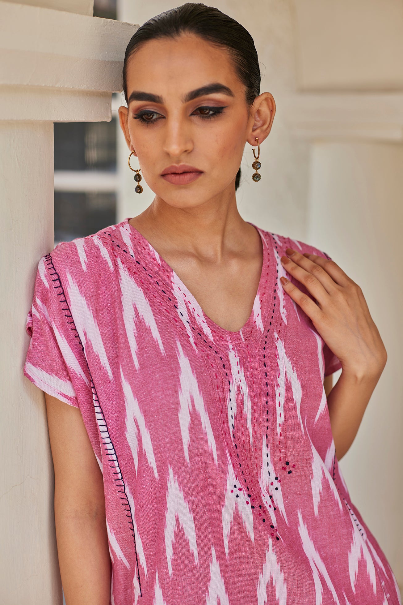 Pink Cotton Ikat Kaftan