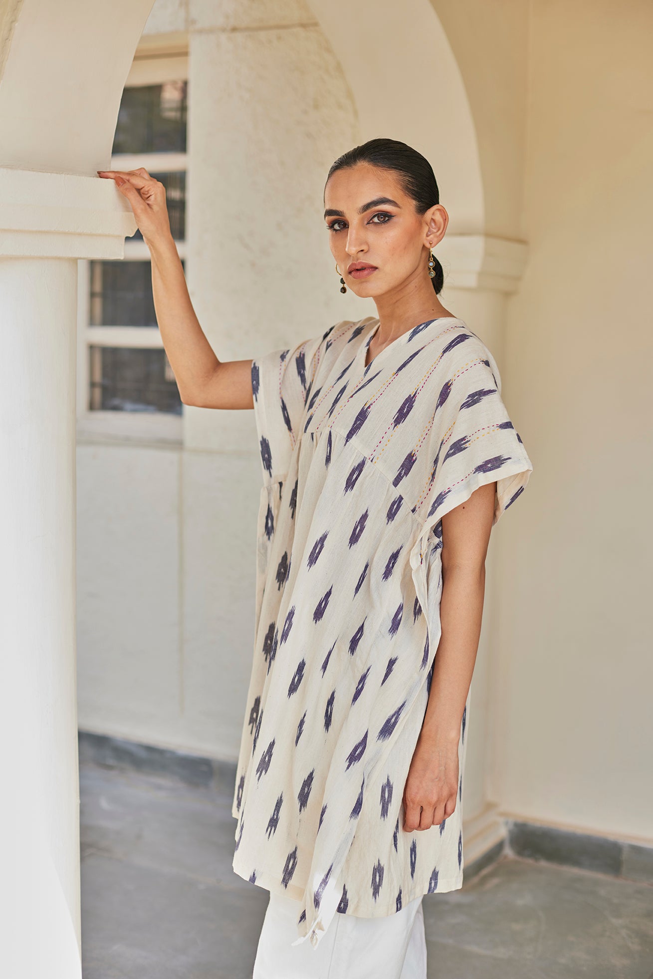 White Ikat Cotton Top