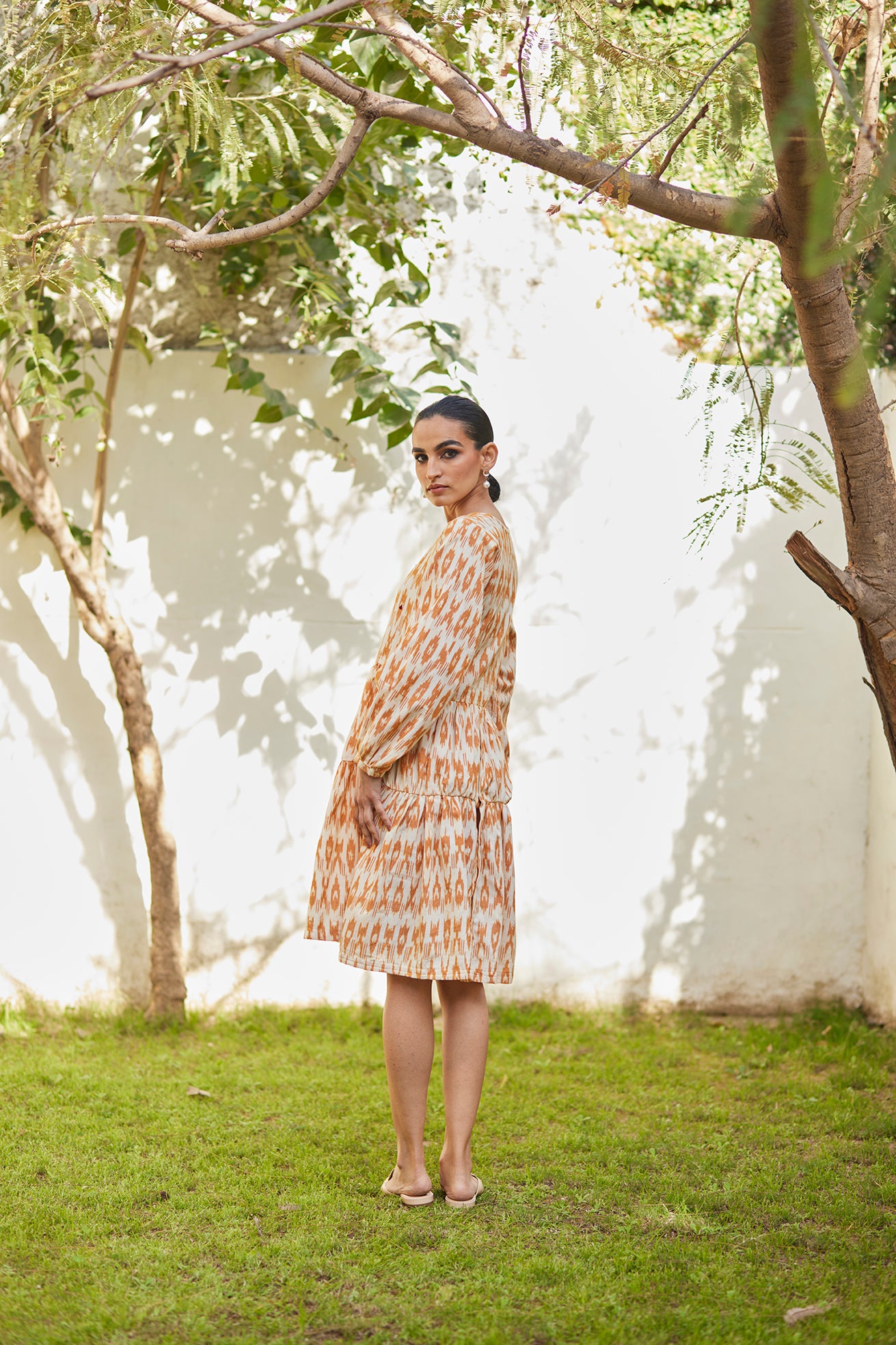 Flared Mustard Ikat Cotton Dress