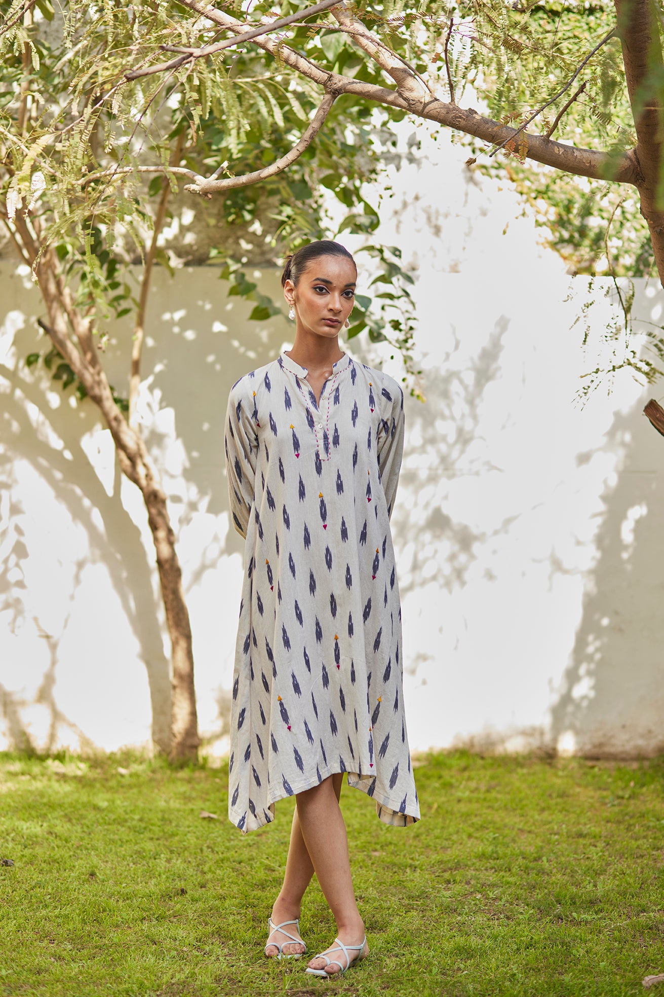 Long Sleeves White Ikat Cotton Dress