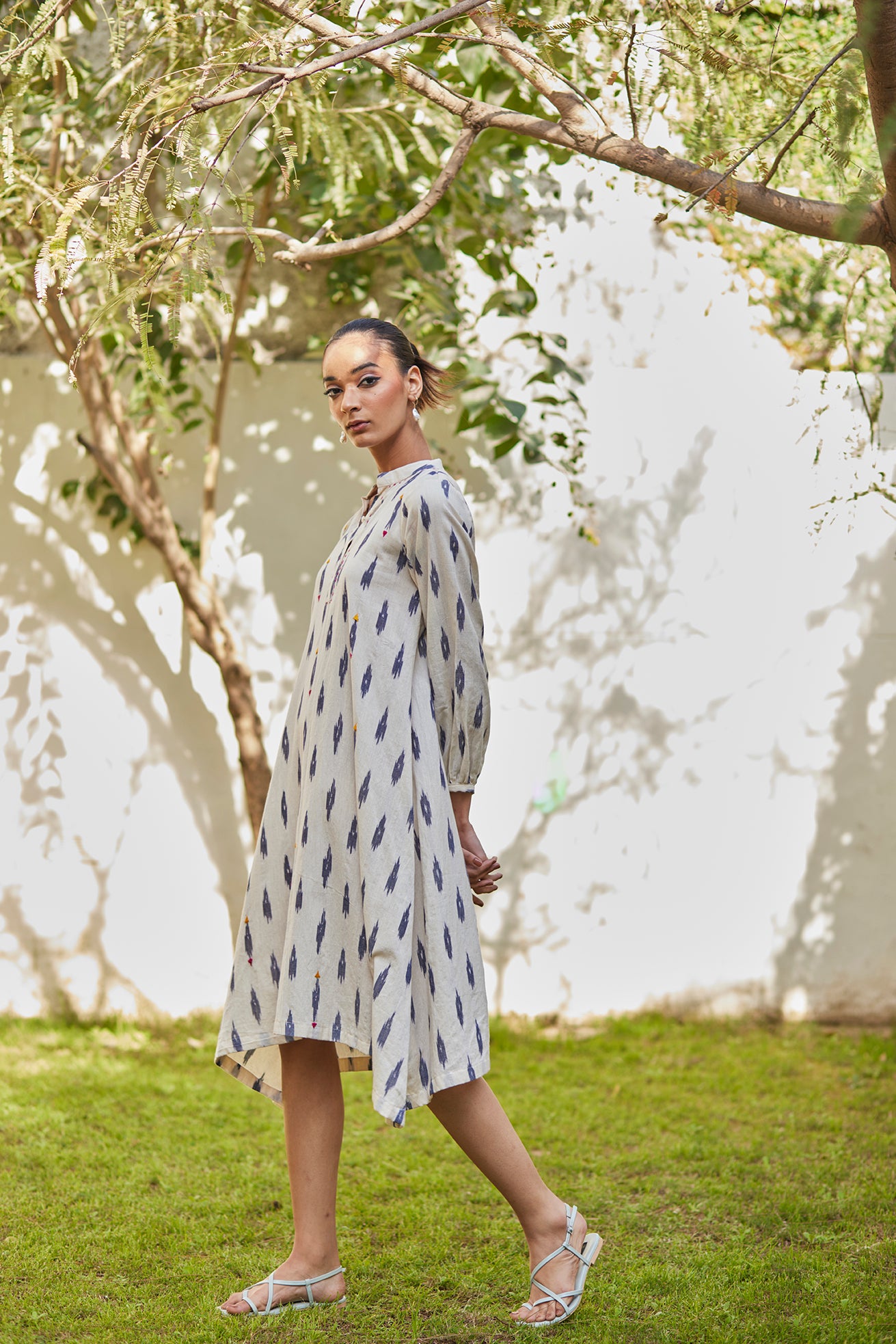 Long Sleeves White Ikat Cotton Dress