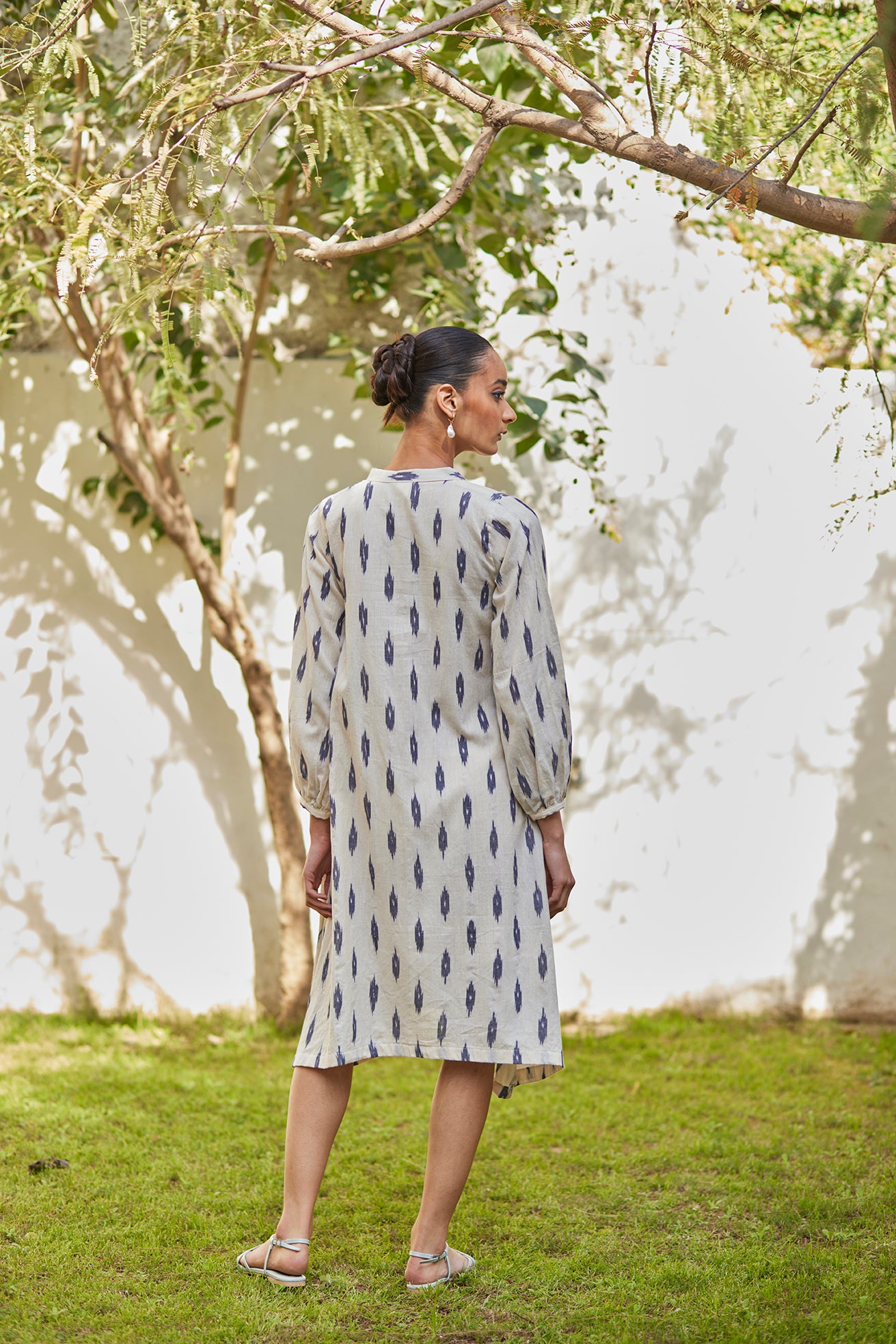 Long Sleeves White Ikat Cotton Dress