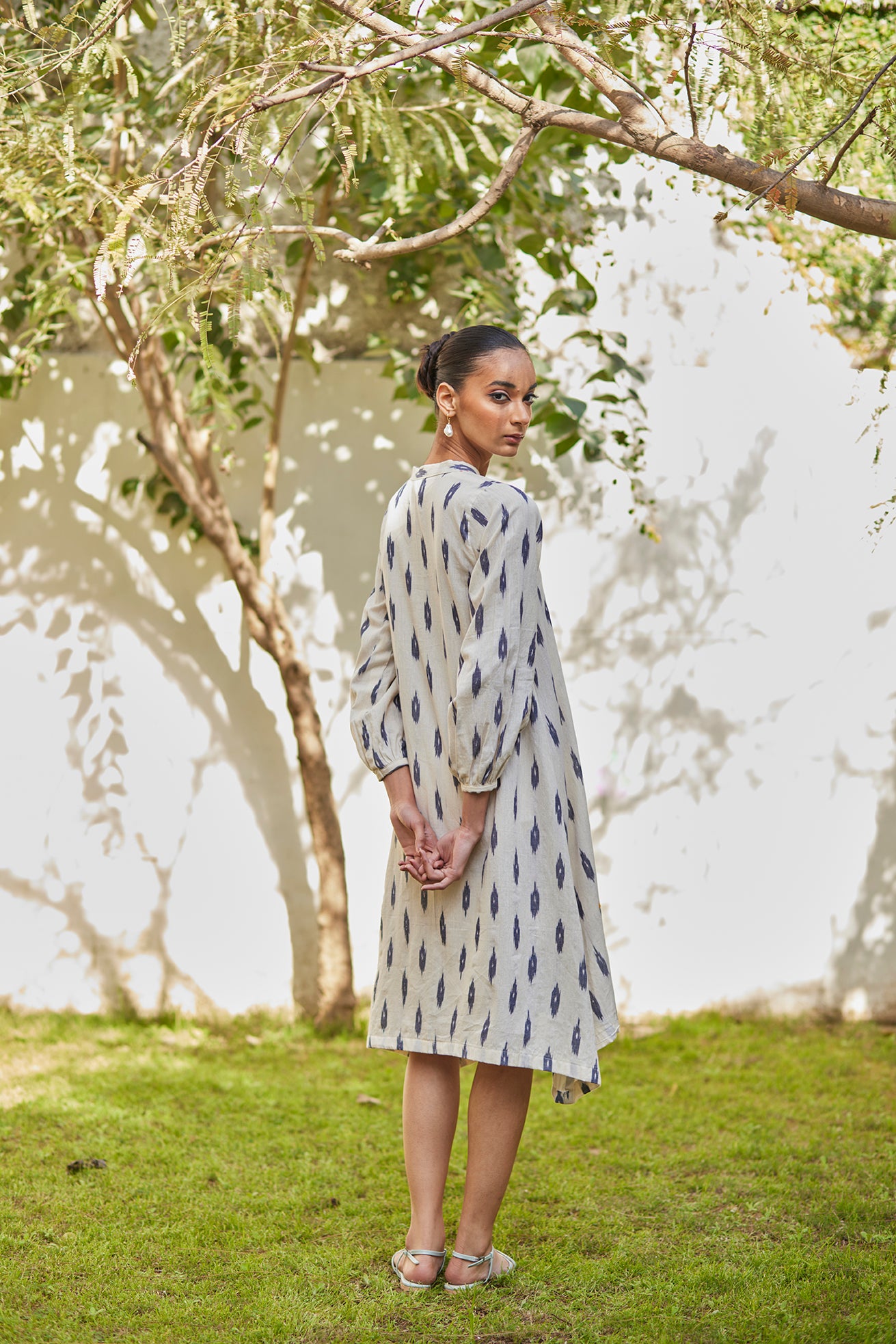 Long Sleeves White Ikat Cotton Dress