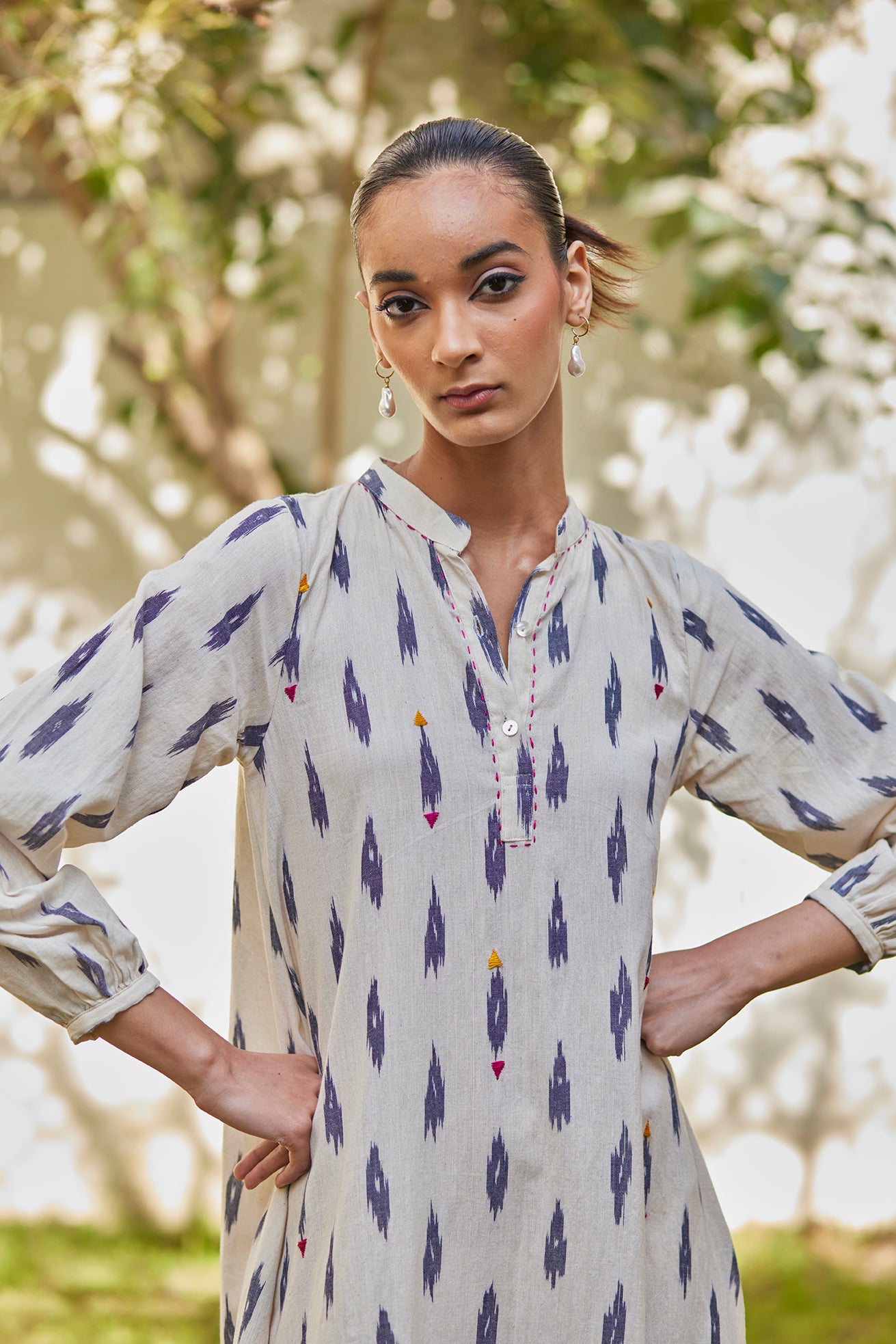 Long Sleeves White Ikat Cotton Dress