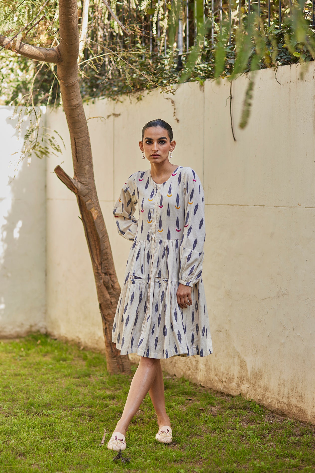 Handwoven White Ikat Flared Cotton Dress